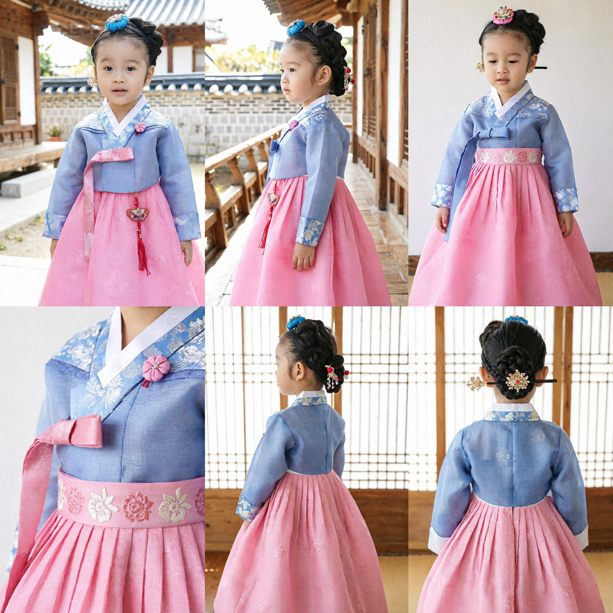 Hanbok Tradizionale Coreano per Ragazze, Vestito Ricamato Blu e Rosa, per Festival e Occasioni Speciali - Asian Costume