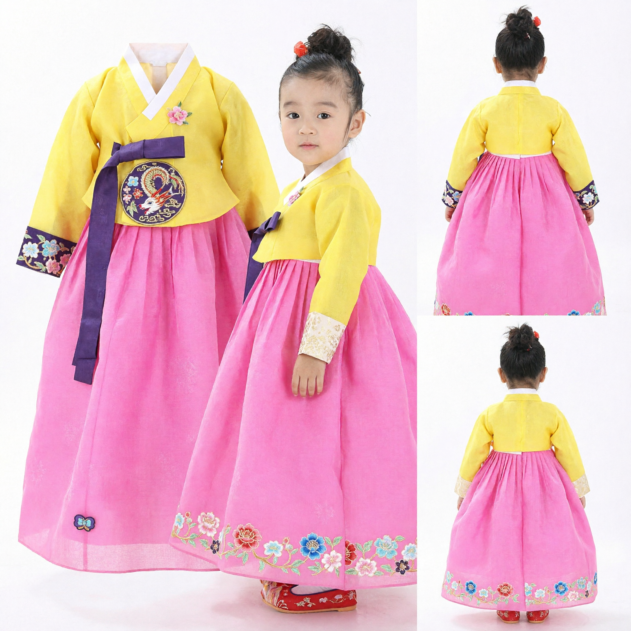 Kinderen Traditionele Koreaanse Hanbok Jurk Gele Top Roze Rok met Vlinder Borduurwerk voor Meisjes Festival Feestkostuum - Asian Costume