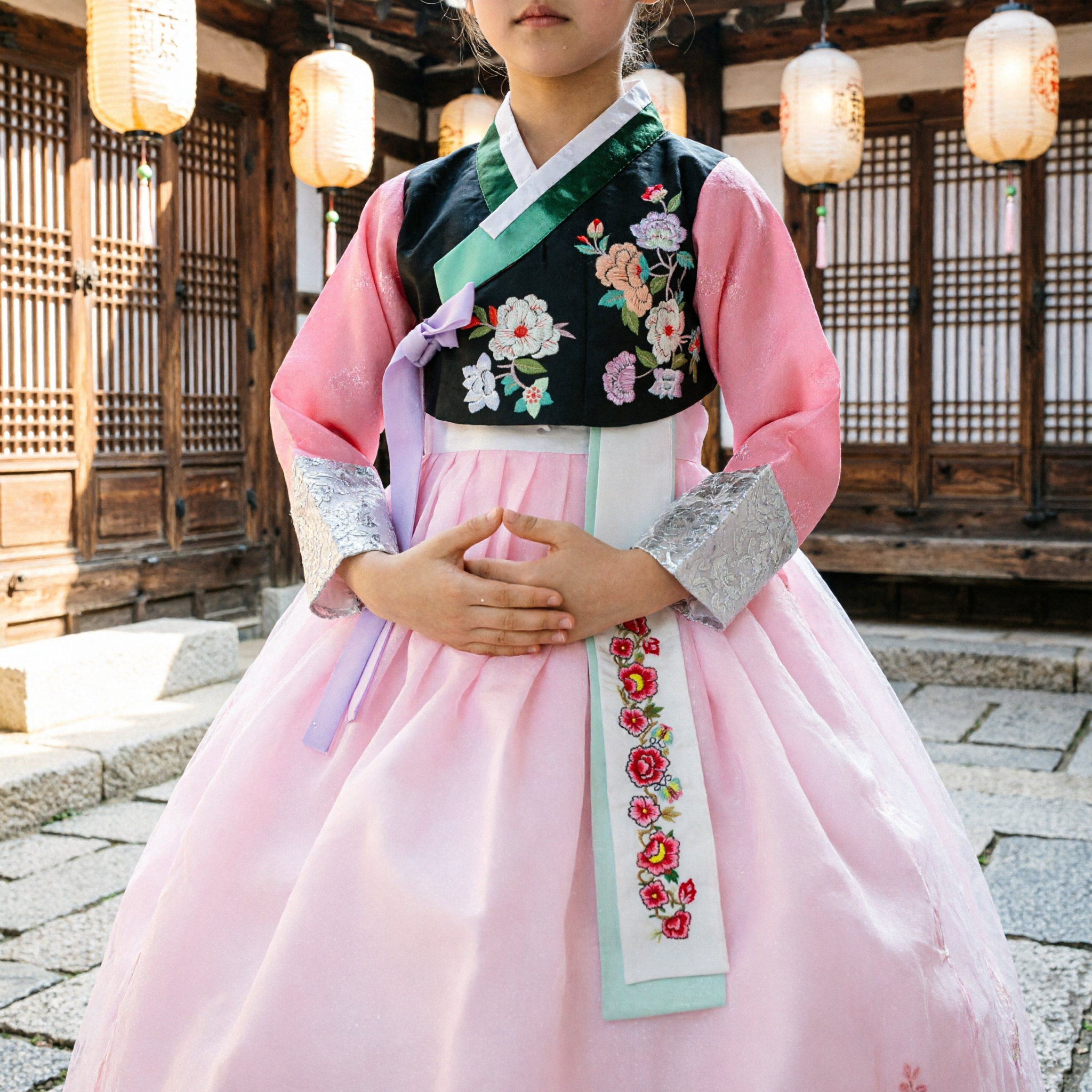 Robe traditionnelle coréenne Hanbok élégante rose et noire avec broderie florale pour occasions spéciales - Asian Costume