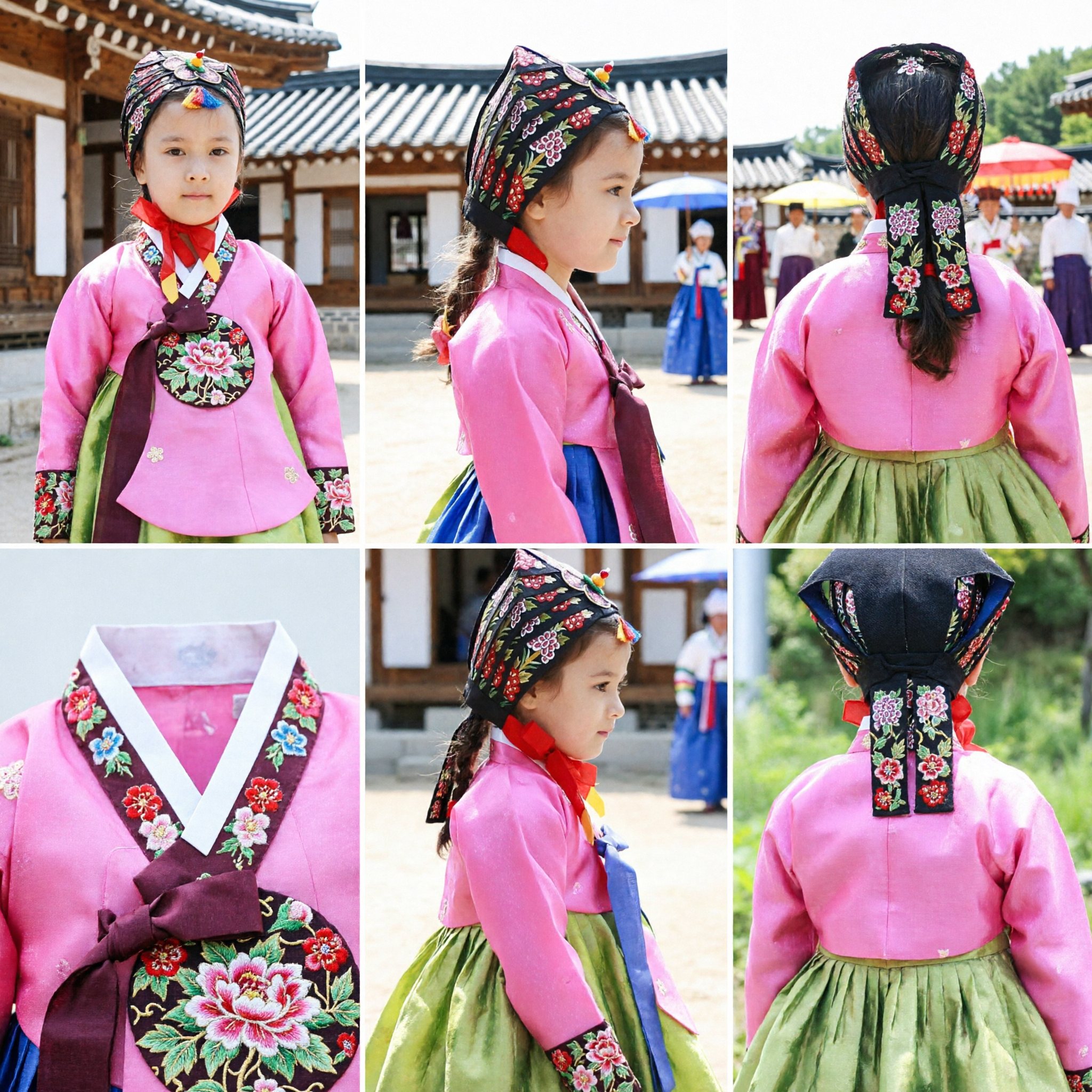 伝統韓国ハンボク帽子（女児用）、刺繍花頭飾り、子供民俗舞踊衣装 - Asian Costume