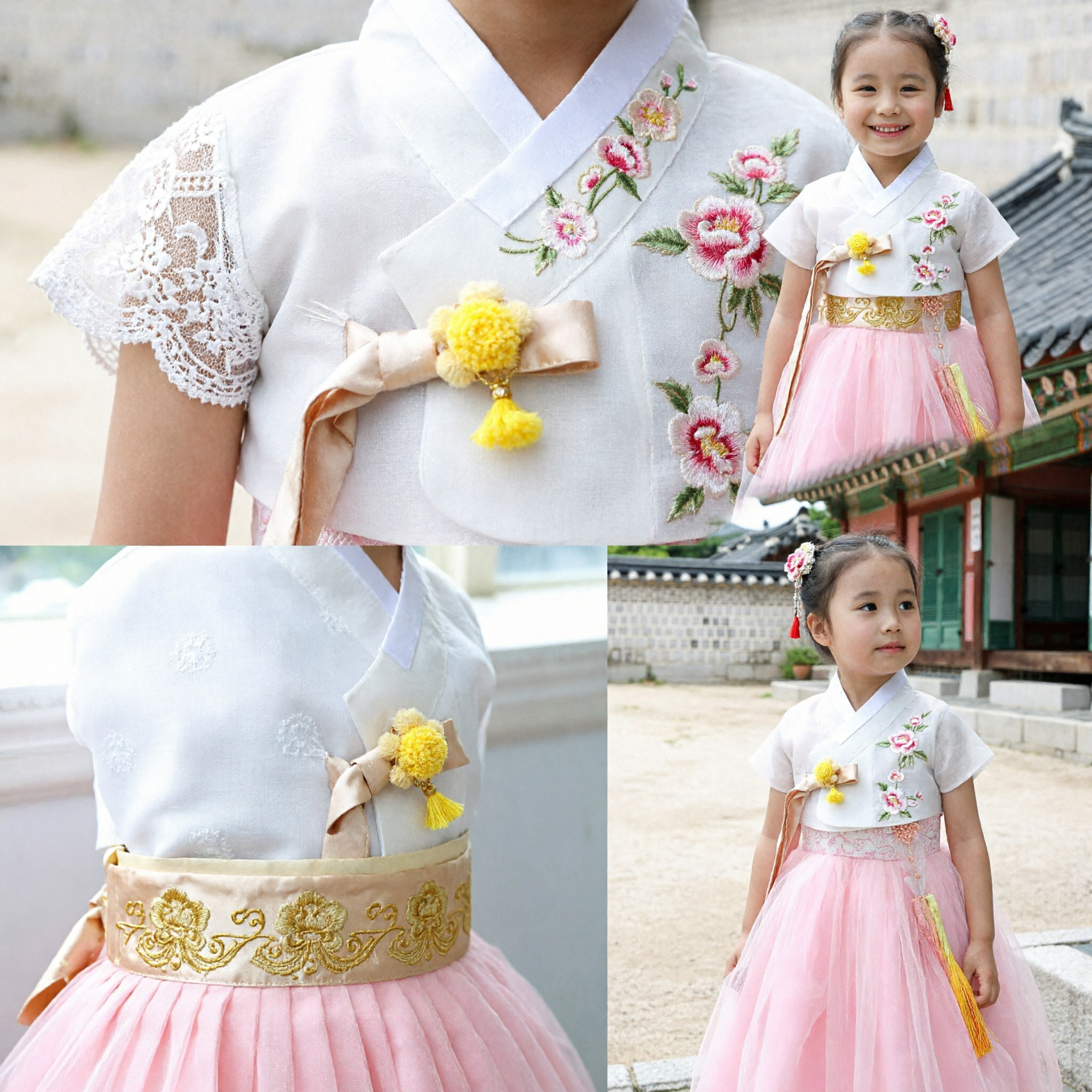 Vestido Hanbok Coreano Tradicional Infantil, Saia de Tule Rosa e Blusa de Renda Branca para Traje de Festa de Aniversário ou Casamento de Meninas - Asian Costume