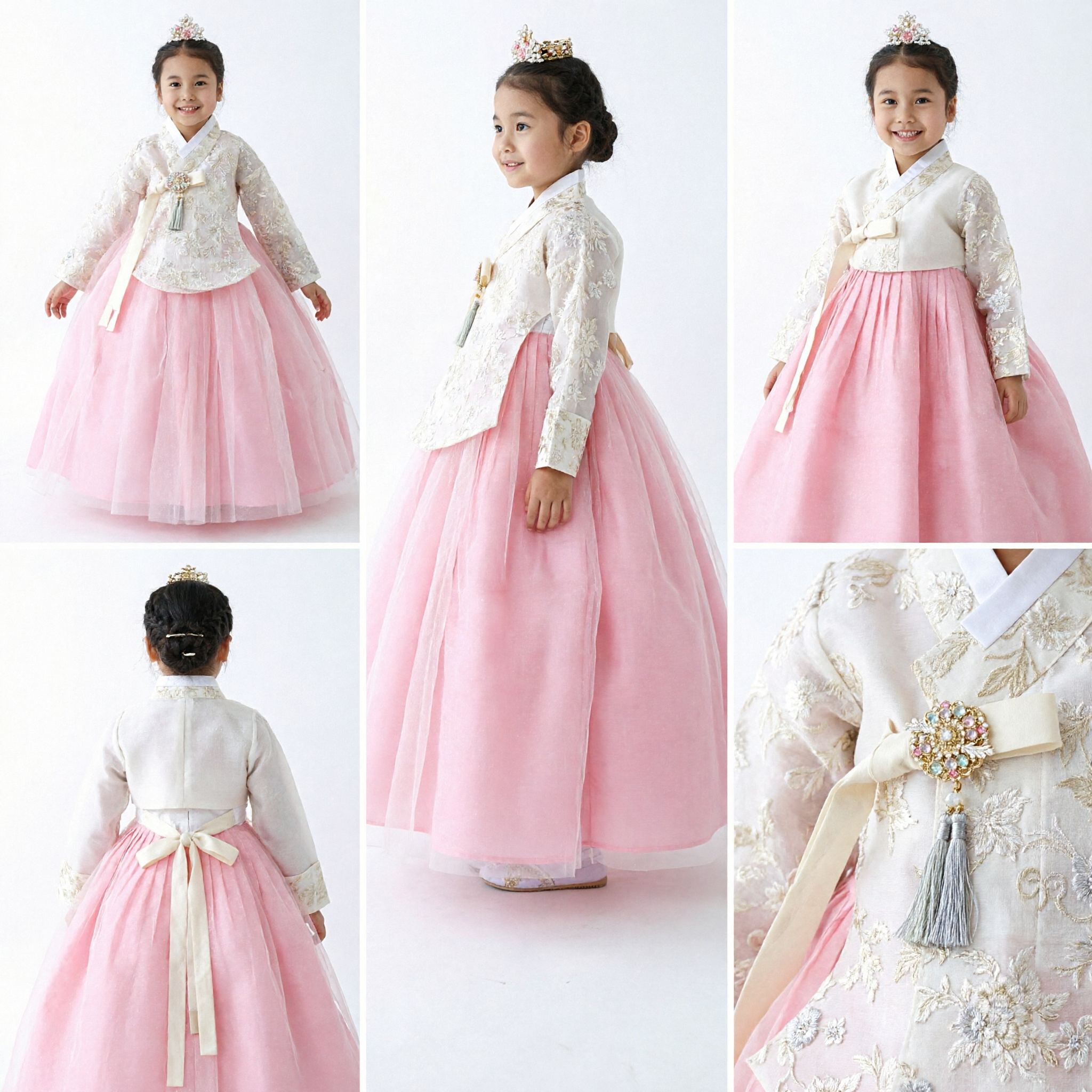 Hanbok Coreano Tradizionale per Ragazze, Gonna in Tulle Rosa e Top in Pizzo Bianco, Abito Formale per Matrimoni e Feste - Asian Costume