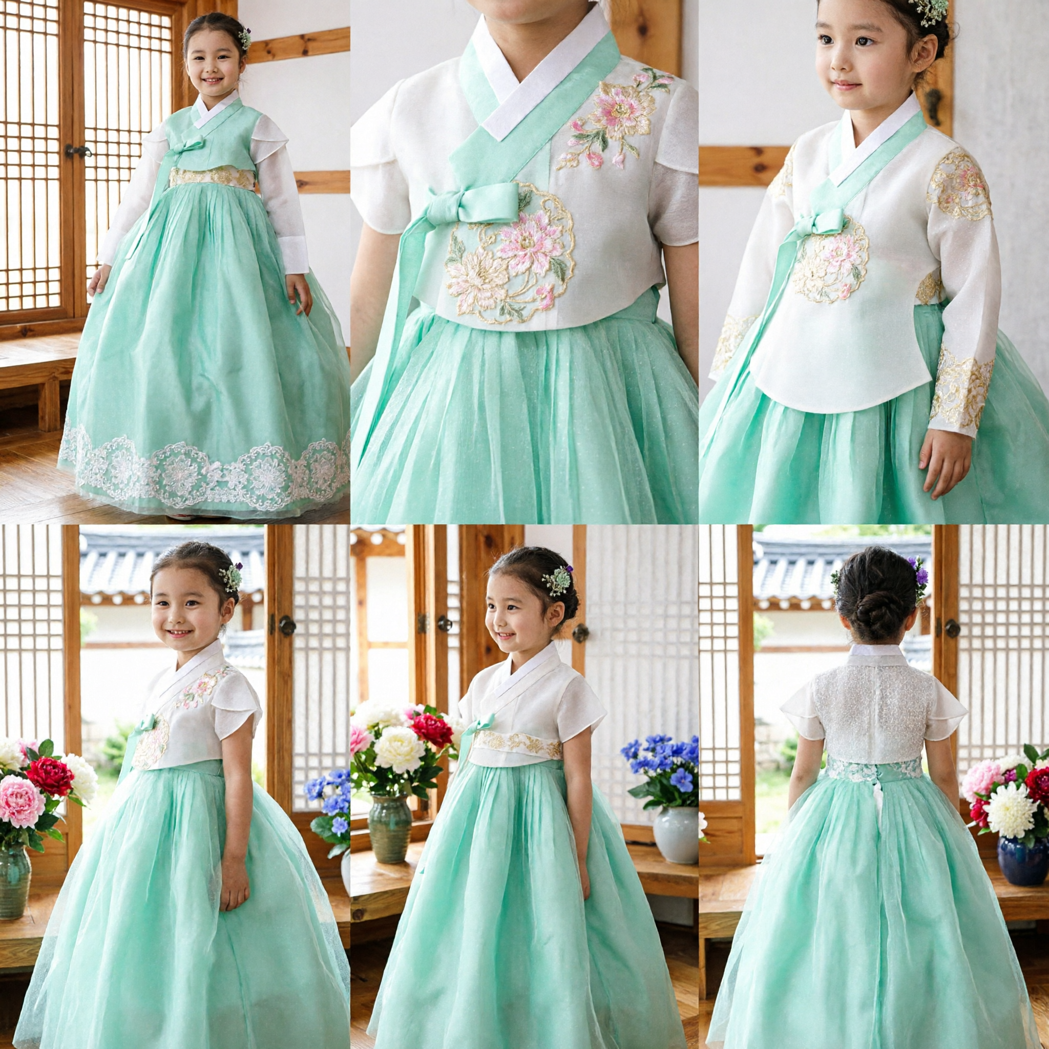 Hanbok Coreano Tradizionale per Ragazze, Gonna in Tulle Verde Menta Moderna e Top in Pizzo Bianco, Costume per Feste Bambini - Asian Costume
