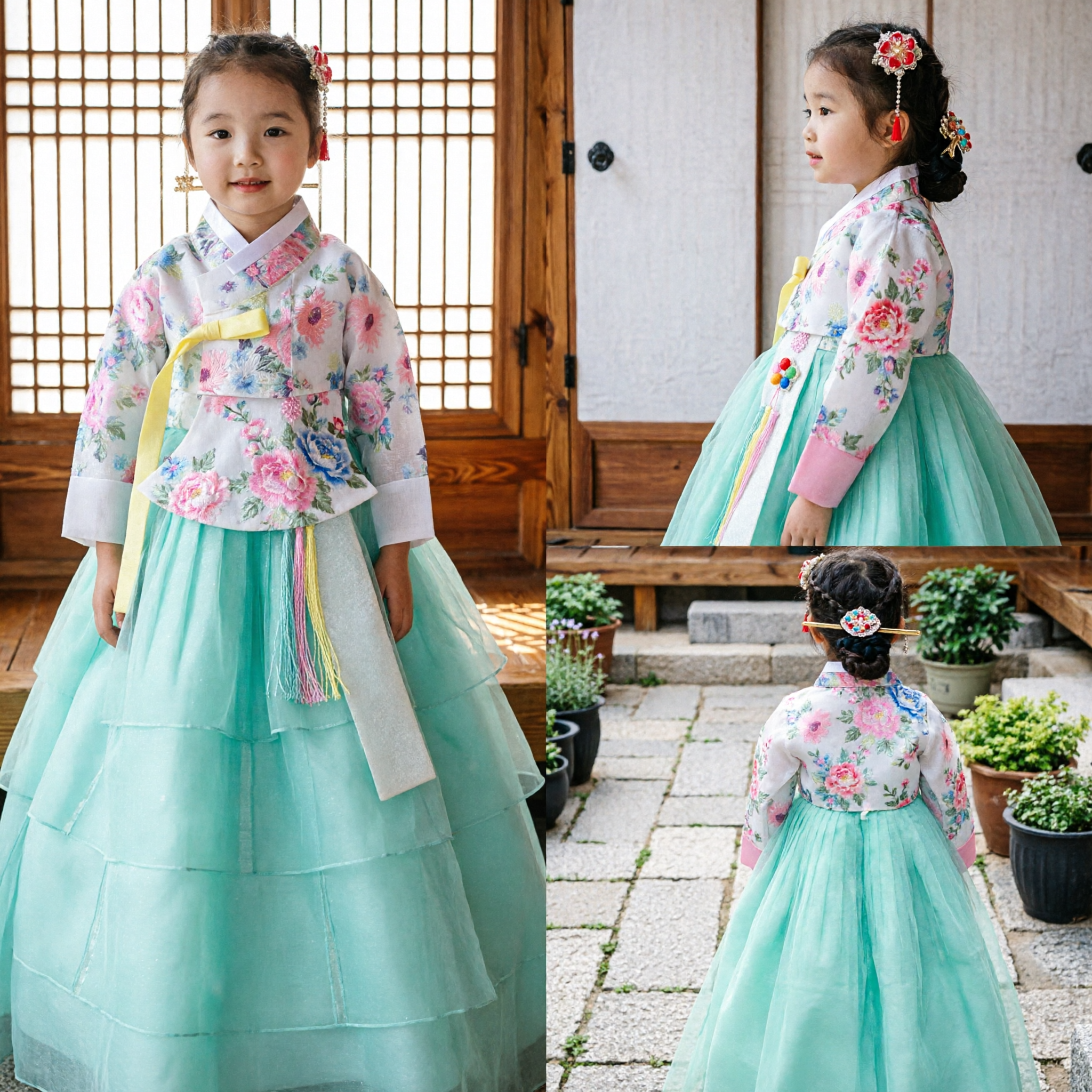 Hanbok Coreano Tradicional para Meninas, Jeogori Top Floral e Vestido Chima de Tule Verde Menta para Ocasiões Especiais - Asian Costume