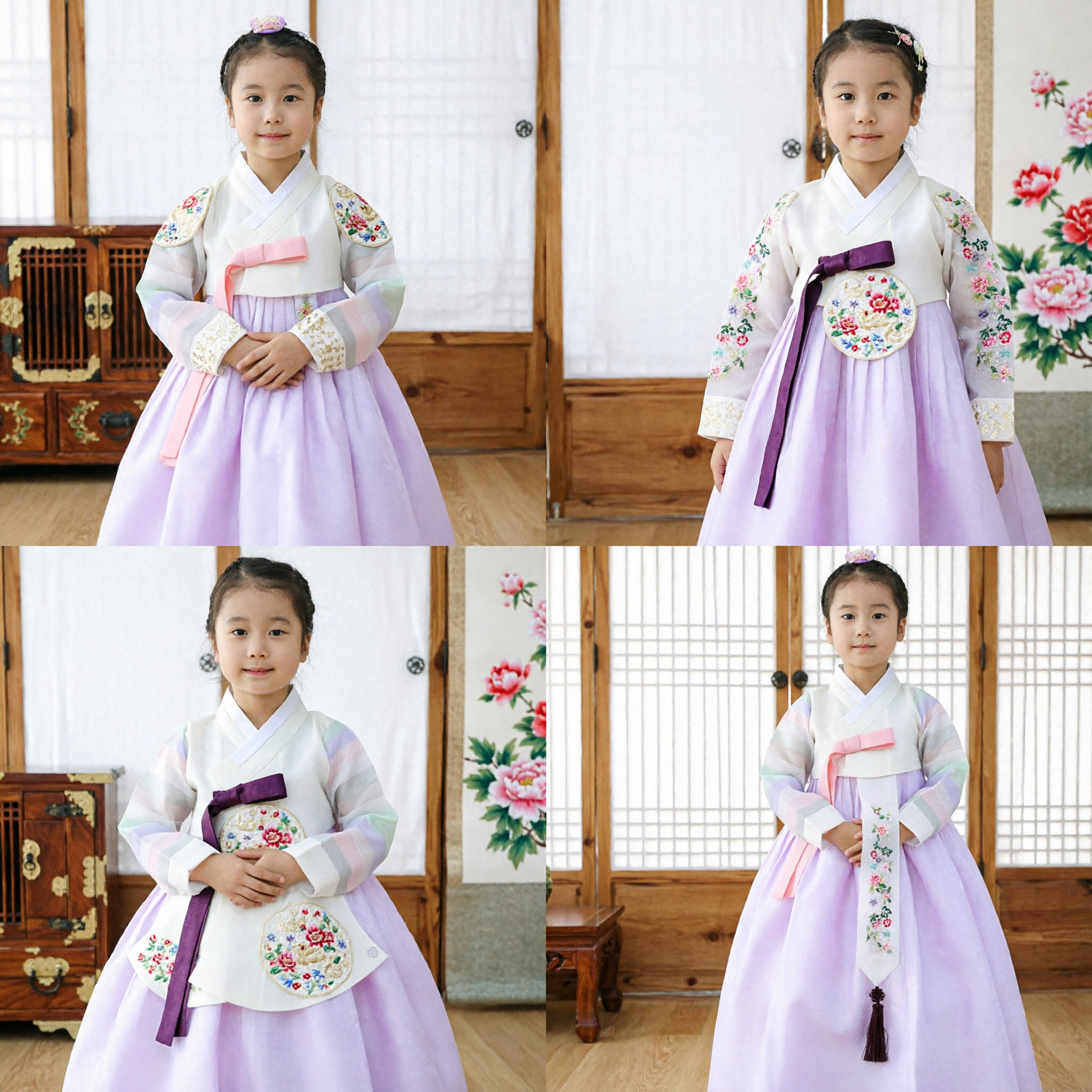 伝統韓国ハンボクドレス（女児用）、レインボーストライプトップとラベンダースカート、子供パーティー衣装 - Asian Costume