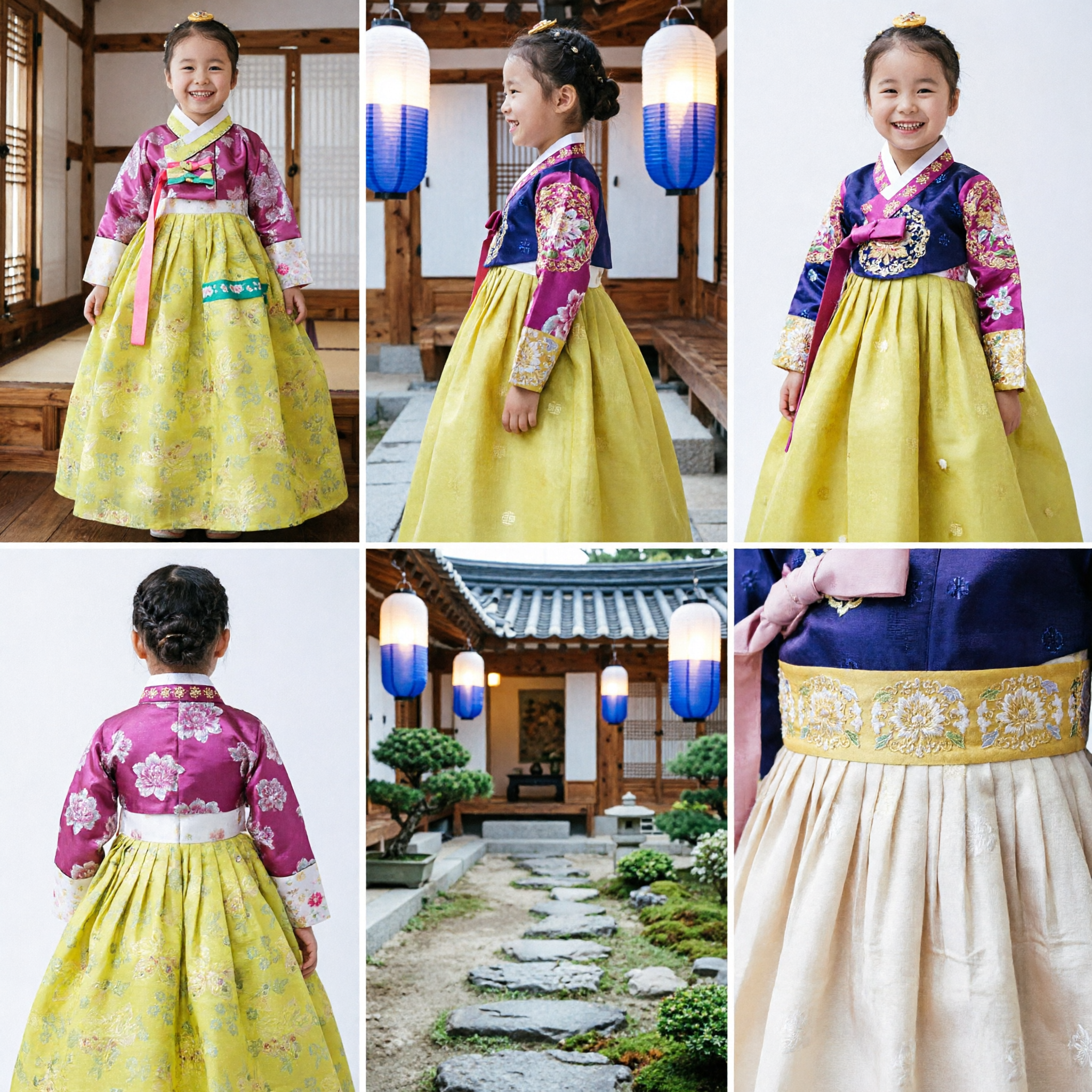 Traditionelles koreanisches Hanbok für Kinder, rosa-gelbes Blumenkleid, Mädchen-Festival-Partykostüm-Set - Asian Costume