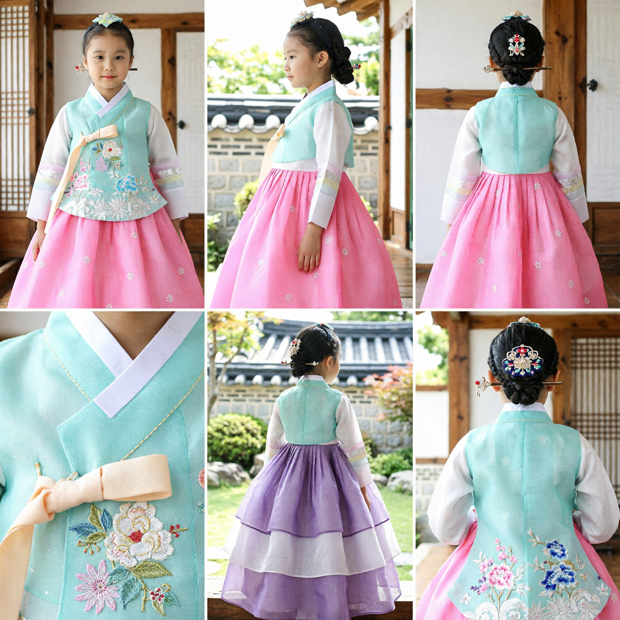 Детское корейское традиционное платье Ханбок: розово-синий вышитый костюм для девочек, наряд для фестиваля или праздника - Asian Costume