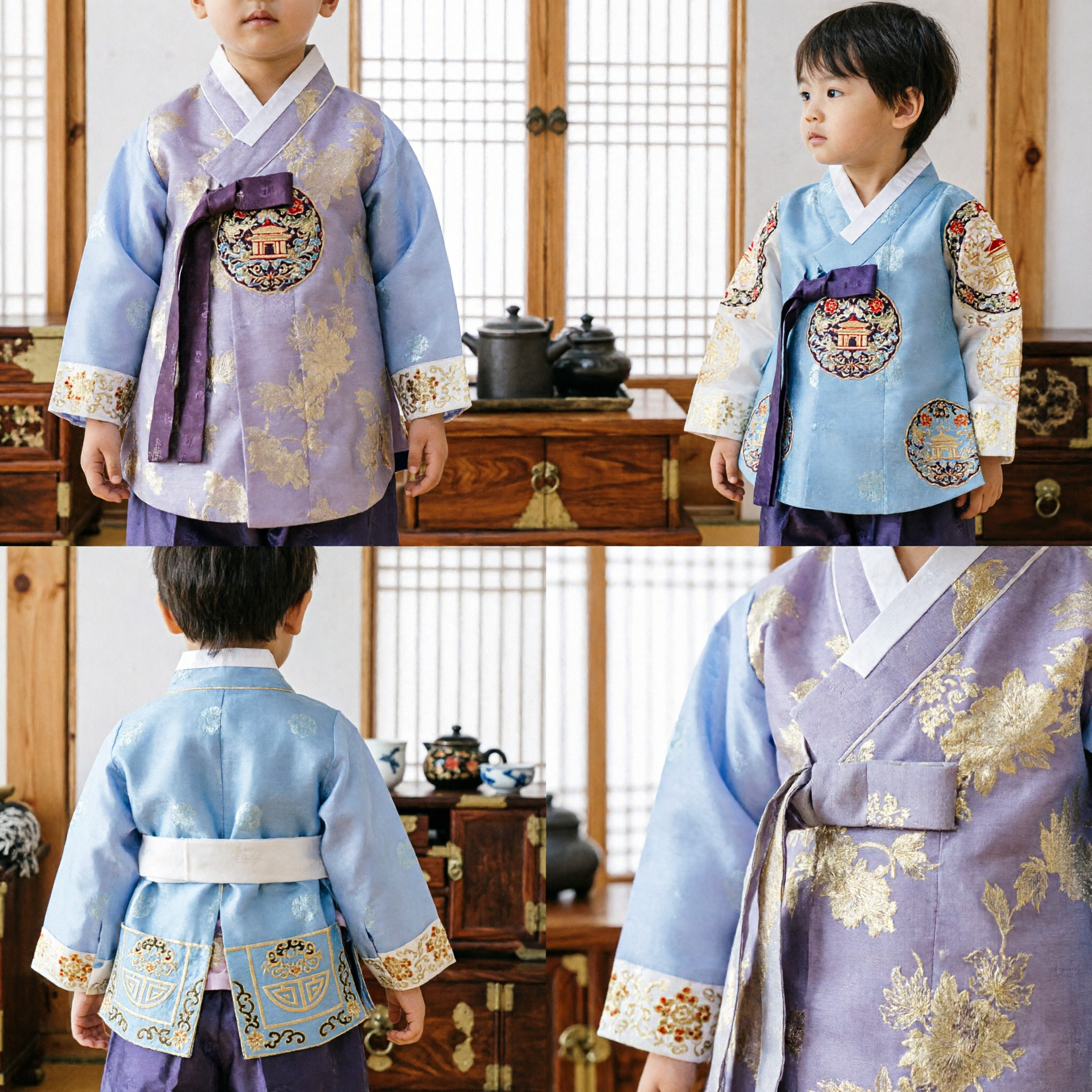 Hanbok Coreano Tradicional para Meninos, Colete com Bordado Dourado Roxo e Camisa Azul, Traje Cerimonial para Primeiro Aniversário Doljanchi - Asian Costume