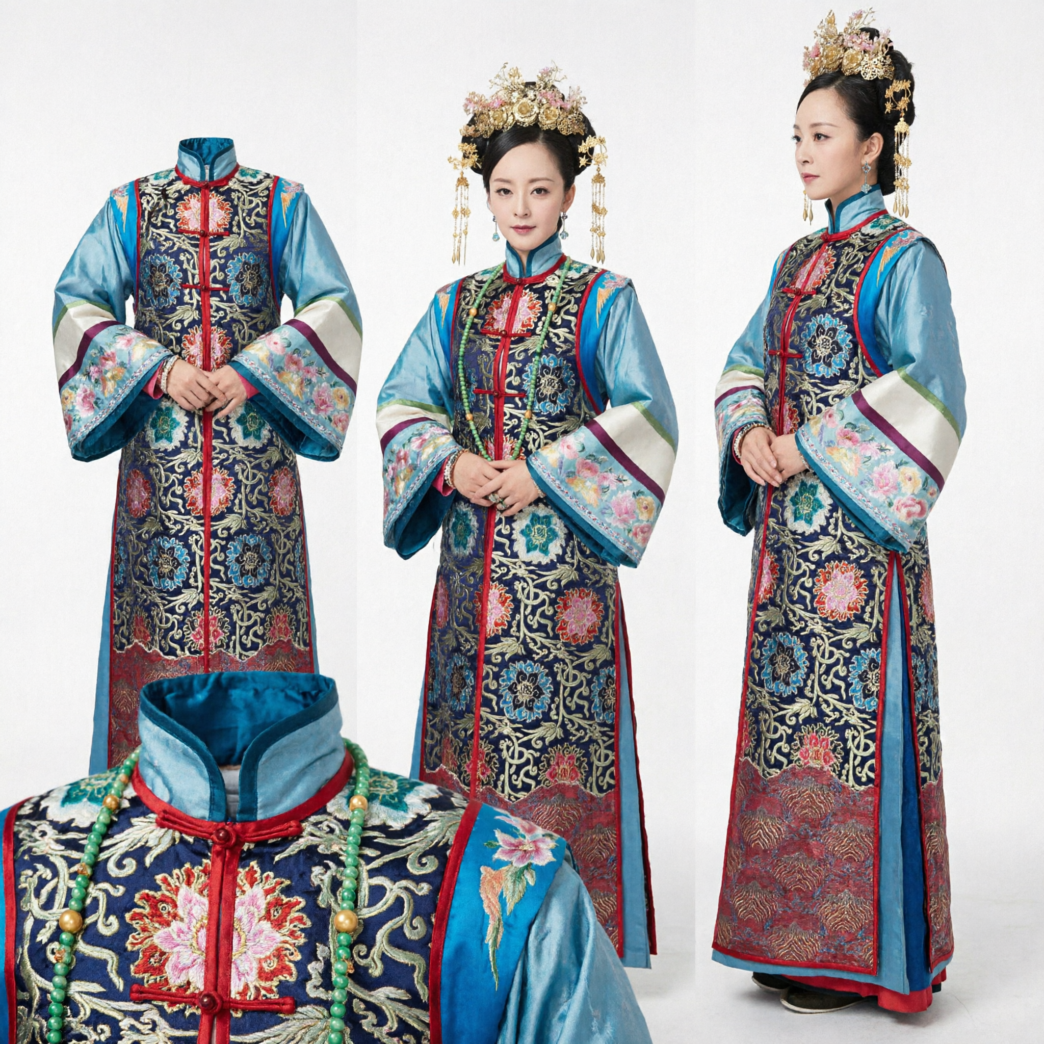 Traje de Princesa Manchu da Dinastia Qing Chinesa Tradicional, Vestido Azul Bordado de Dama do Palácio Antigo para Mulheres - Asian Costume