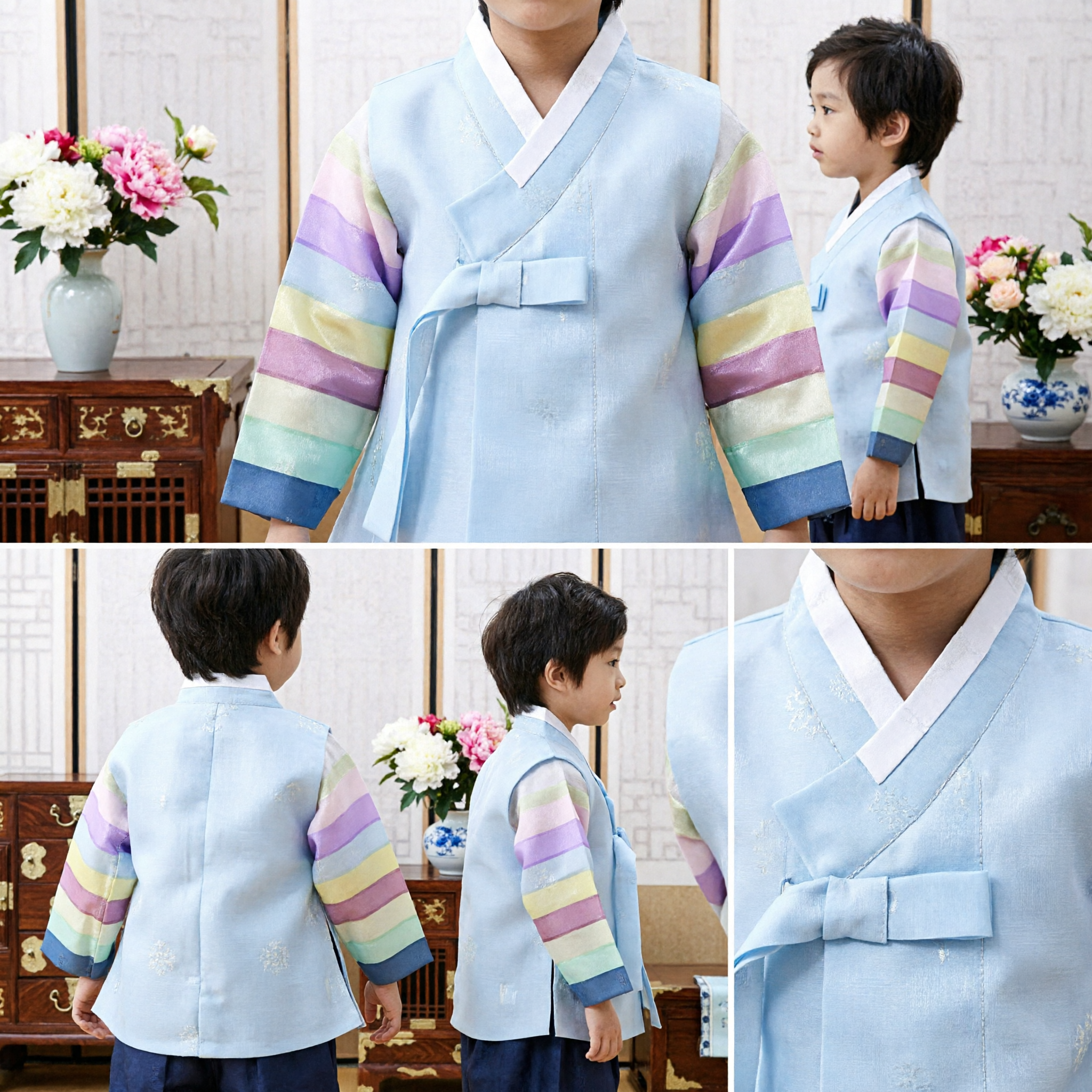 Conjunto Hanbok Coreano Tradicional para Meninos, Jeogori Azul Claro com Mangas Arco-íris para Ocasiões Especiais - Asian Costume