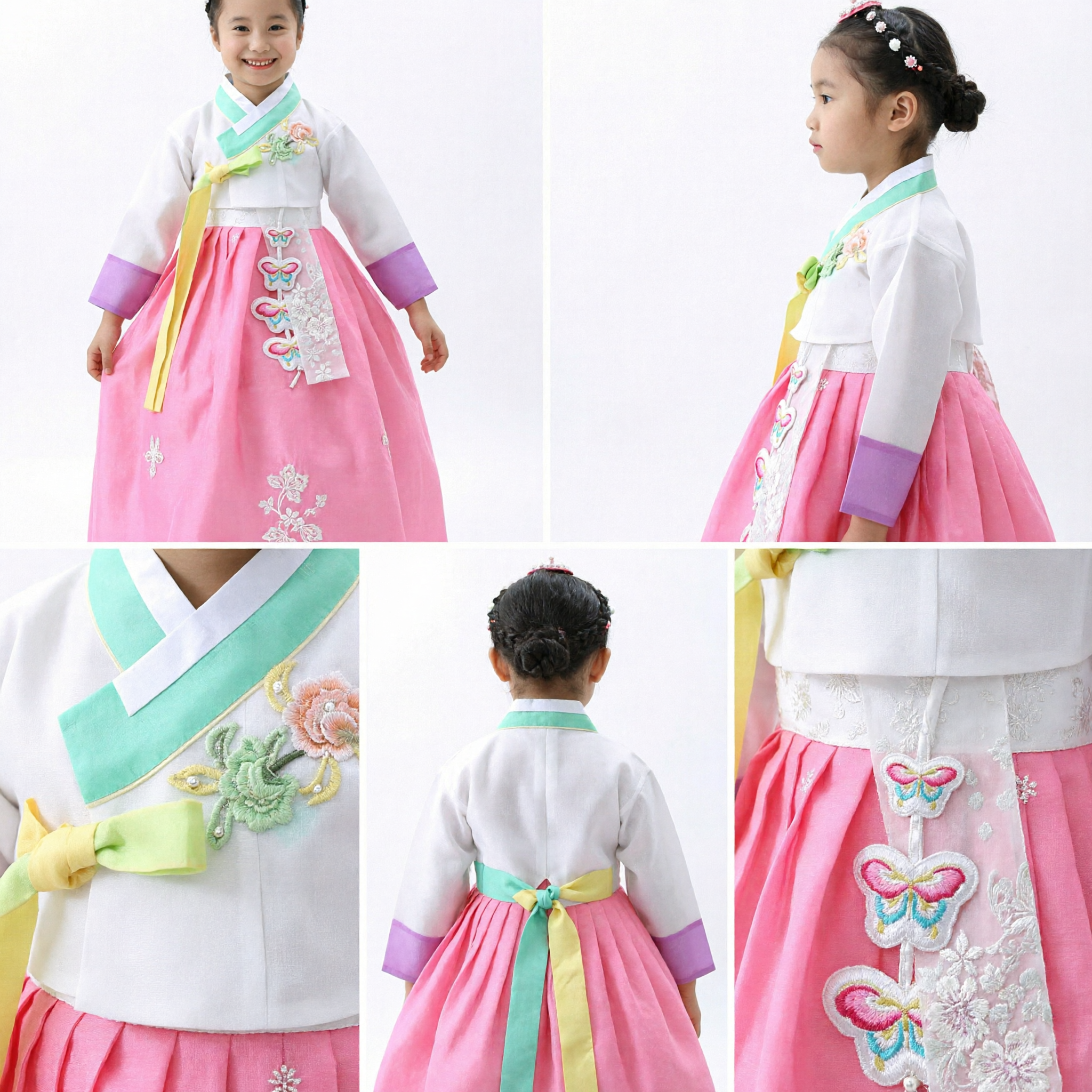 Meisjes traditionele Koreaanse Hanbok jurk roze Chima witte Jeogori geborduurde vlinder kinder kostuum voor feestdagen - Asian Costume