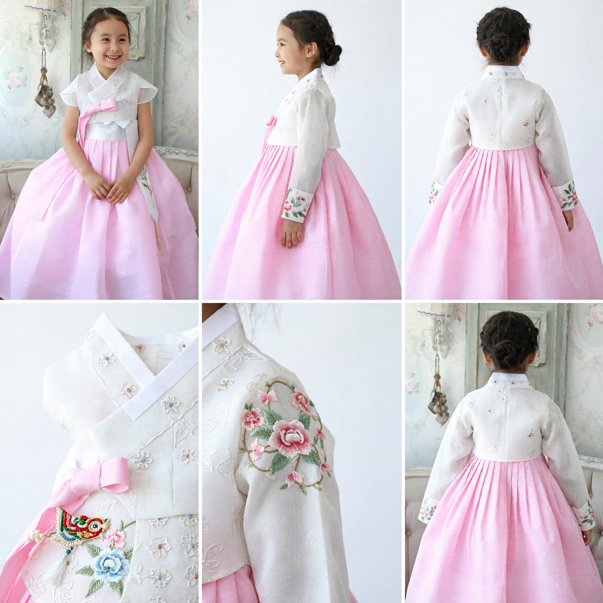 Hanbok traditionnel coréen pour filles - Ensemble Chima rose et Jeogori blanc - Robe de cérémonie pour enfants - Asian Costume