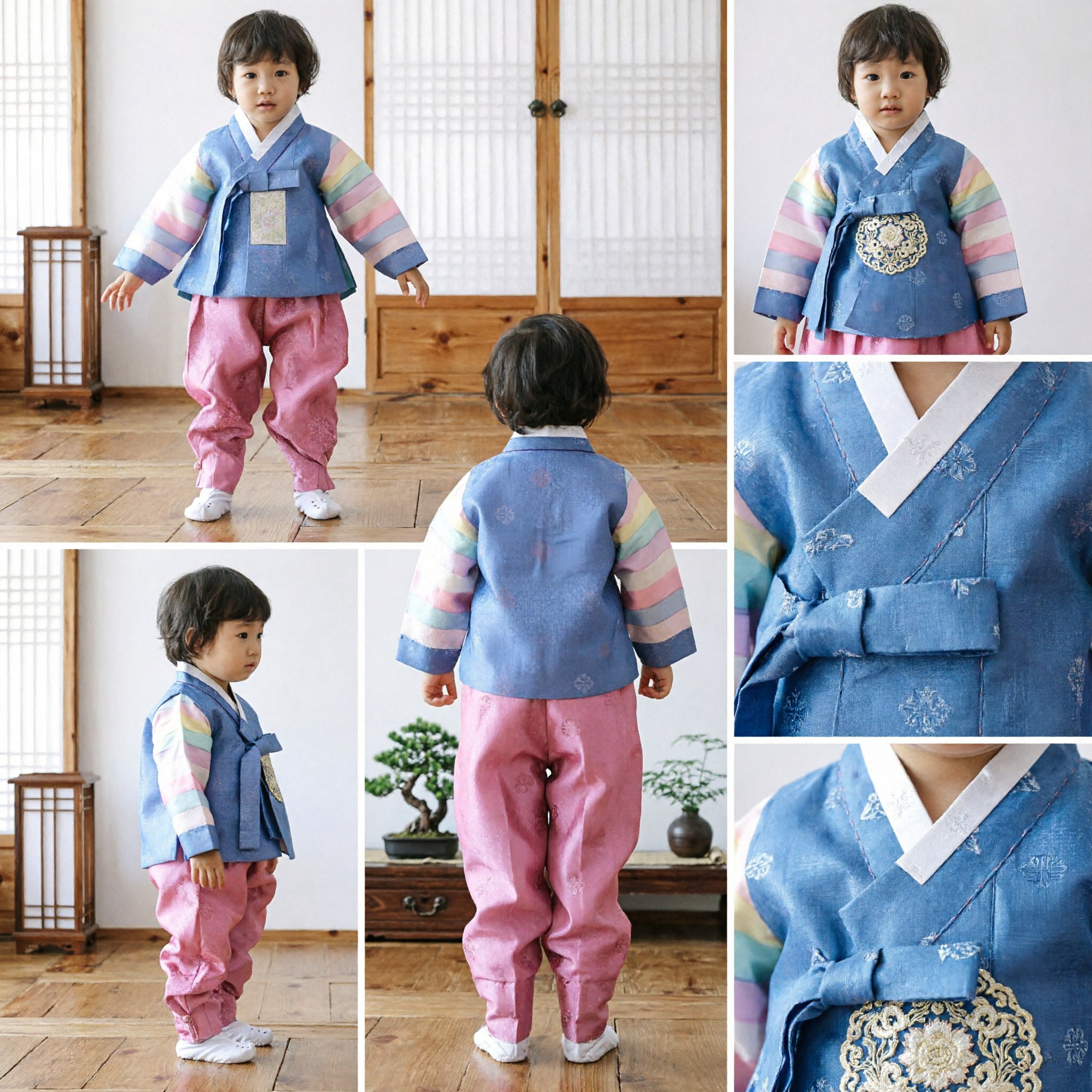 Hanbok Tradicional Coreano para Bebê Menino Parte de Cima com Manga Arco-Íris Azul Calças Rosa Traje para Primeiro Aniversário - Asian Costume