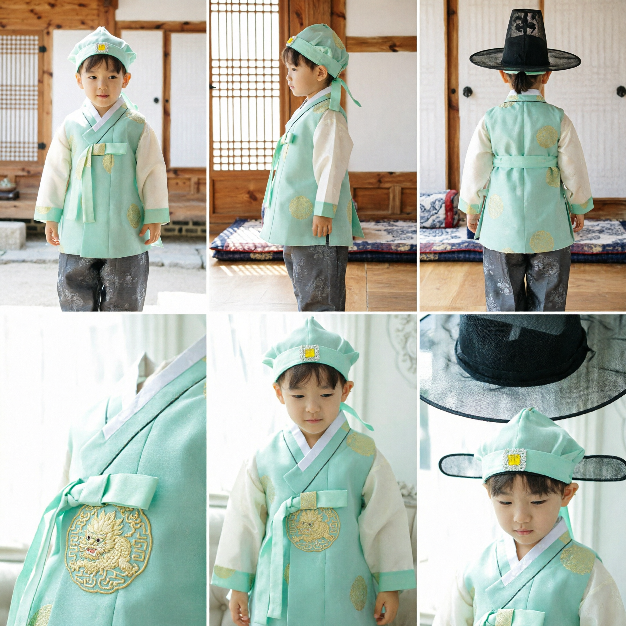 Costume Hanbok coréen pour enfants - Tenue traditionnelle vert menthe avec chapeau pour garçons - Mariage et célébration Doljanchi - Asian Costume
