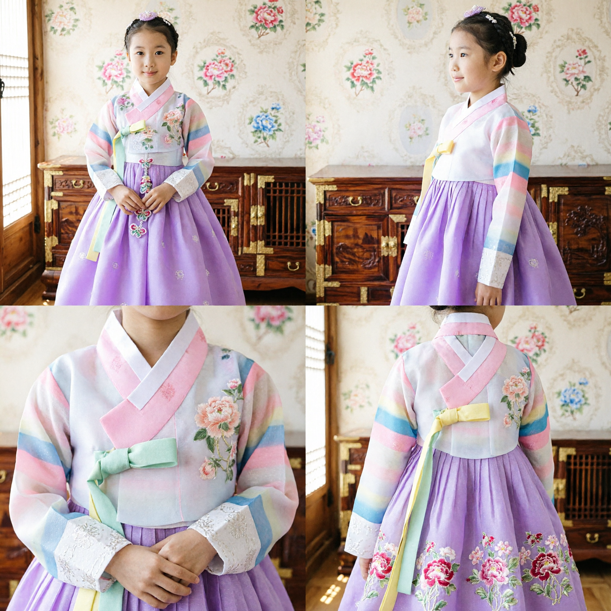 Hanbok tradizionale coreano per ragazze, top arcobaleno pastello e gonna viola, abito per bambini per feste di matrimonio - Asian Costume