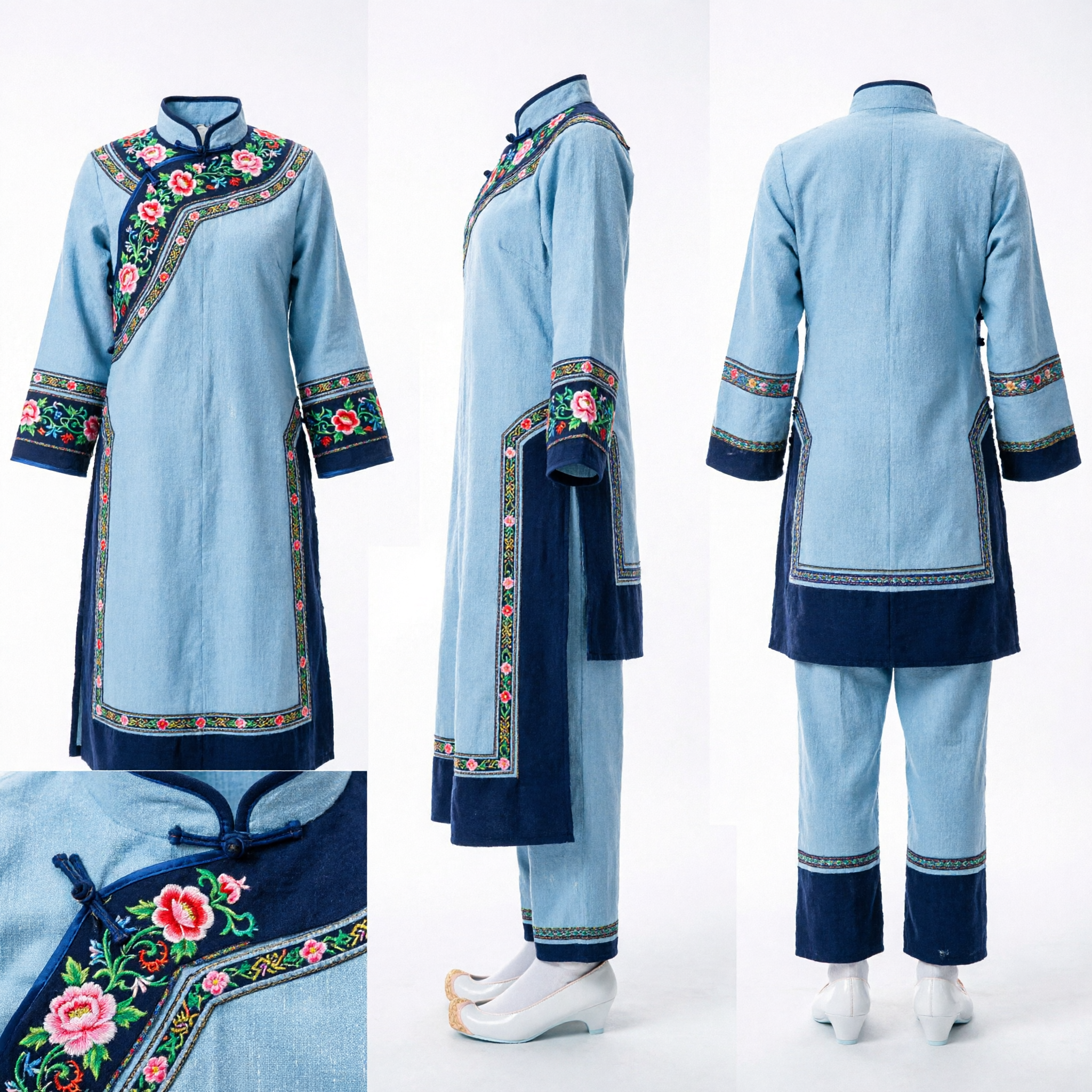 Chaussures Hanfu traditionnelles chinoises blanches - Motif brodé de nuages, talon compensé - Chaussures en tissu pour mariage femmes - Asian Costume