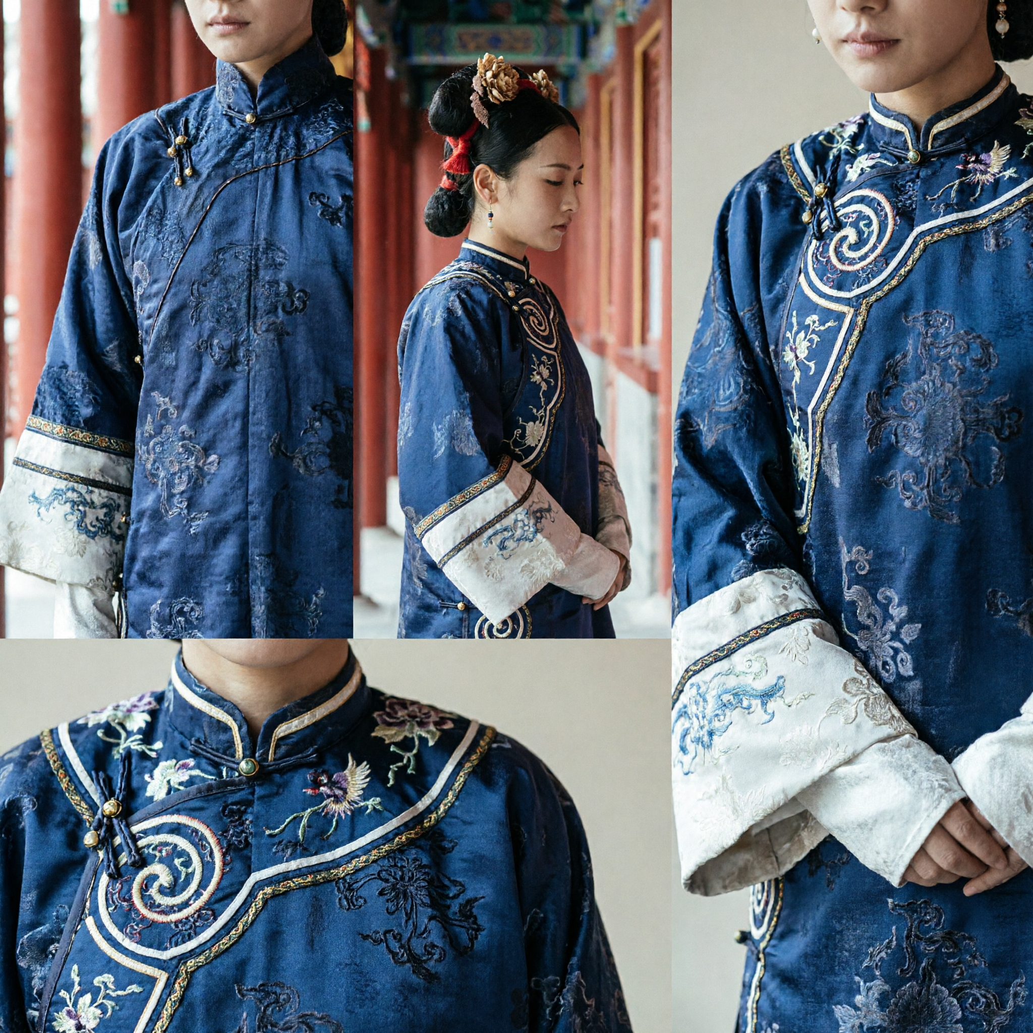 Traditionele Chinese Qing-dynastie Paleis Dame Kostuum Donkerblauw Geborduurde Gewaad voor Vrouwen Cosplay - Asian Costume