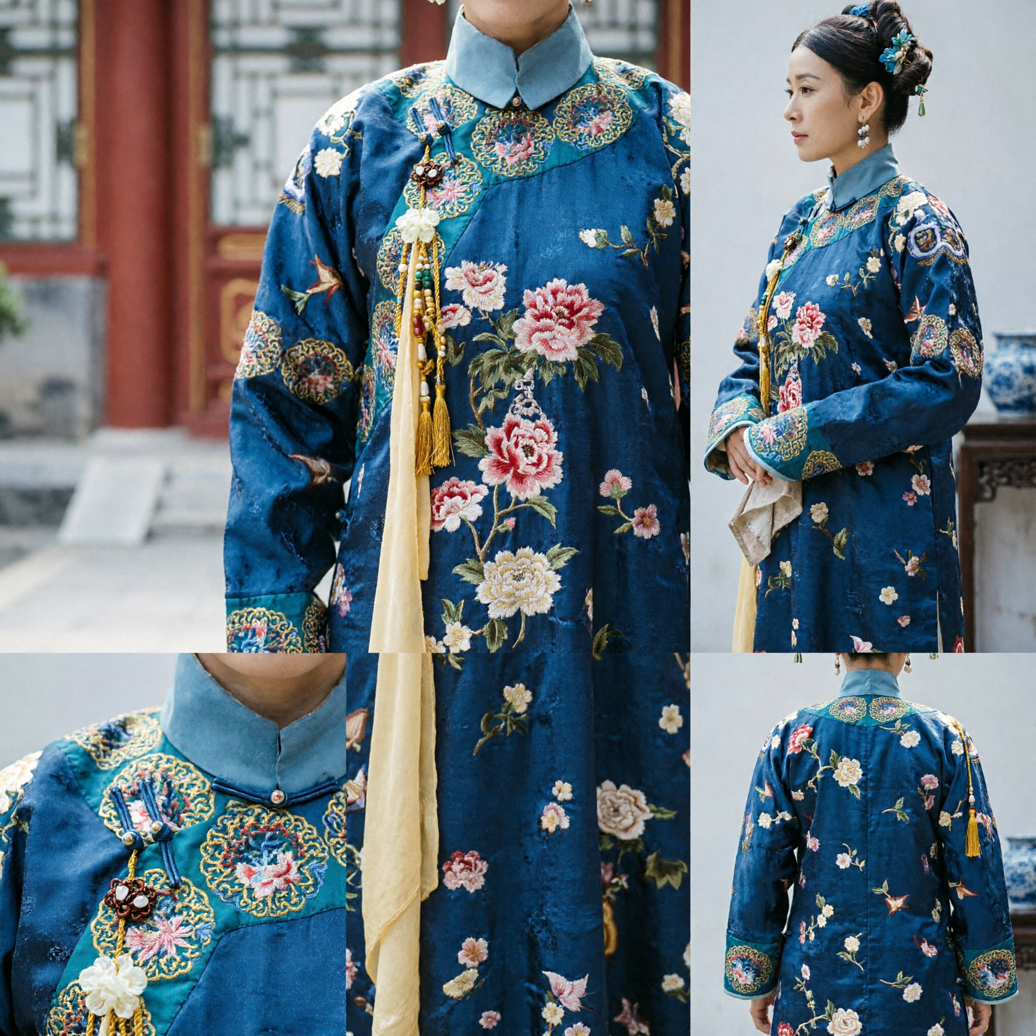 Traditionele Chinese Qing-dynastie Manchu Prinses Kostuum Blauw Bloemen Borduurwerk Gewaad Historische Cosplay Jurken voor Vrouwen - Asian Costume