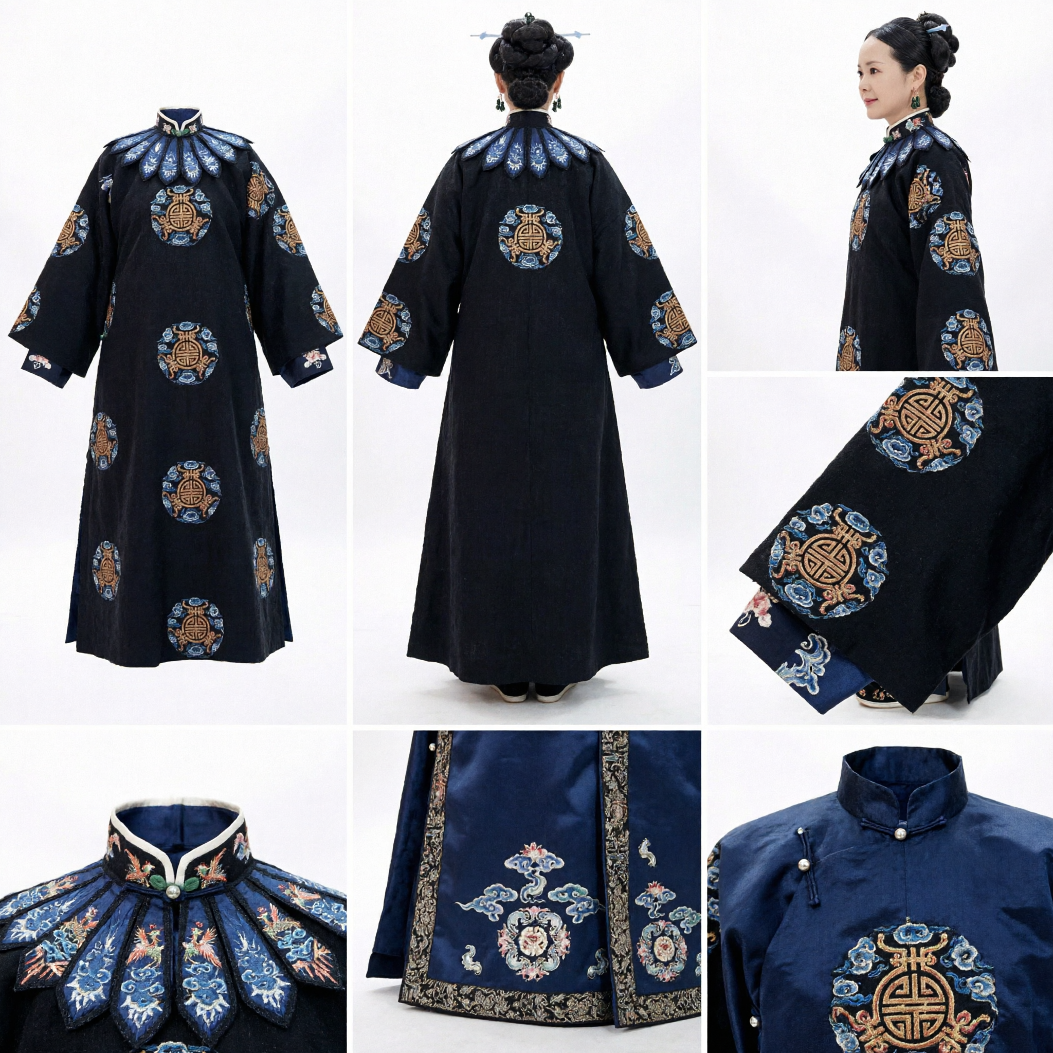 Traditionelles chinesisches Qing-Dynastie Manchu-Adelsdame-Robe, schwarz besticktes antikes Kostüm für Frauen, Bühnenauftritt - Asian Costume