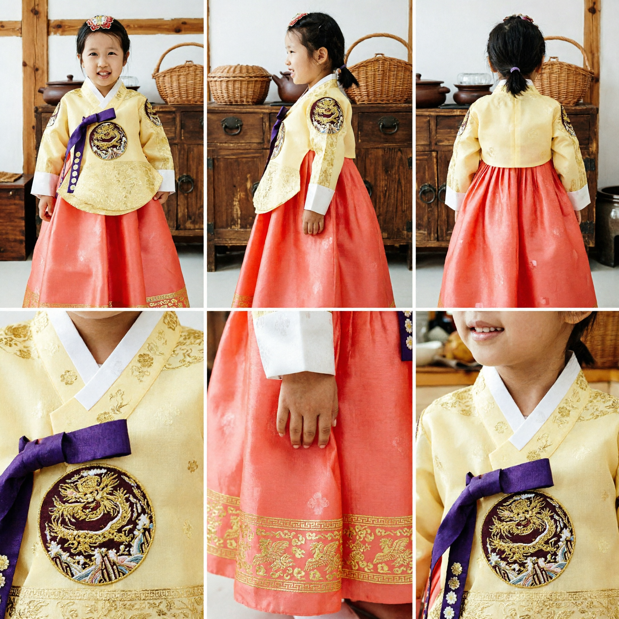 Kinderen Traditionele Koreaanse Hanbok Geel Draak Borduurwerk Top Roze Rok Set voor Meisjes Verjaardag Festivals - Asian Costume