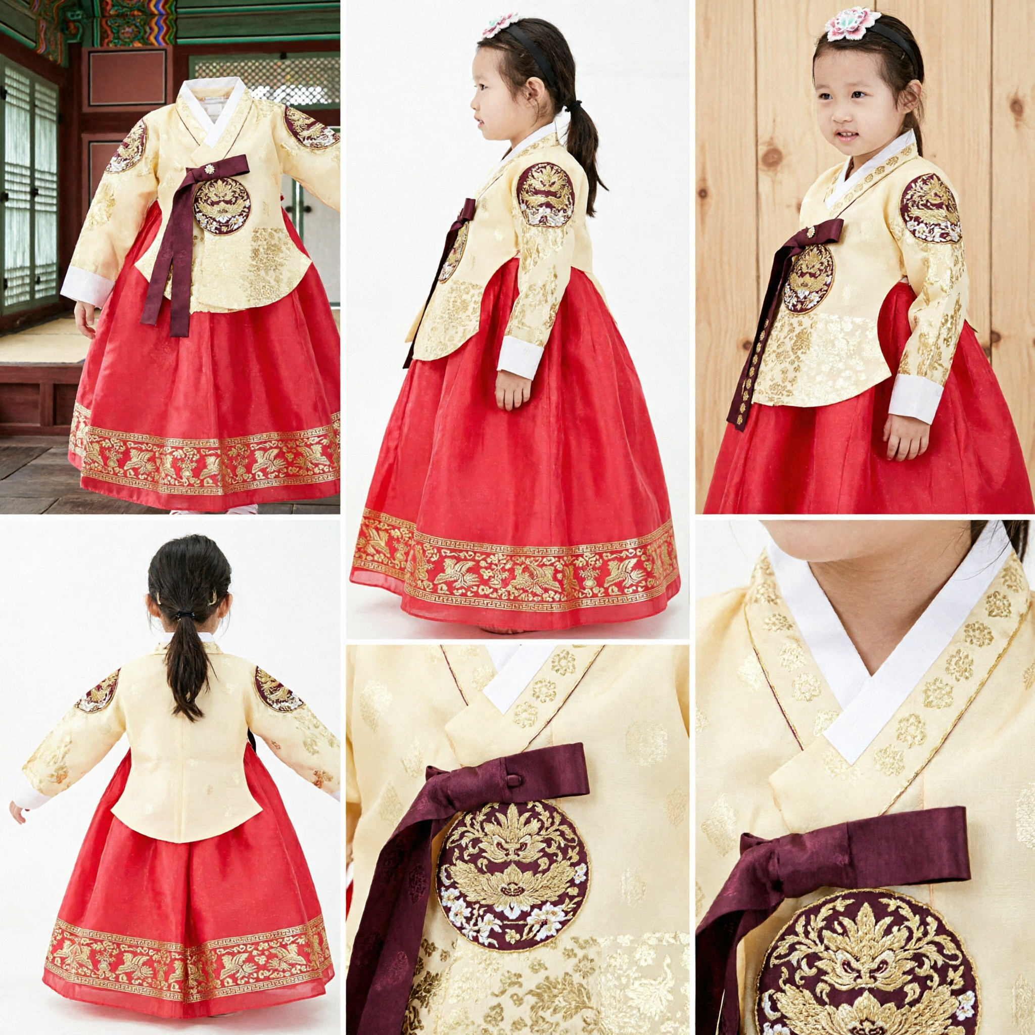 Hanbok traditionnel coréen pour filles - Jupe rouge et Jeogori or brodé - Costume pour Doljanchi, anniversaire et mariage - Asian Costume