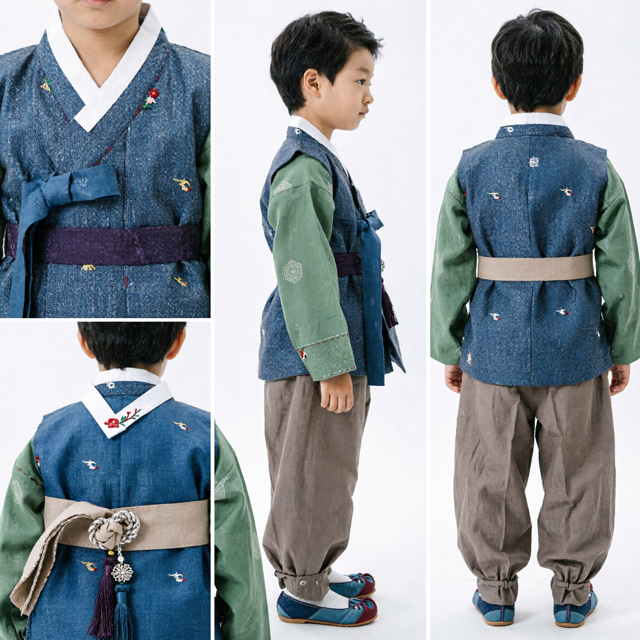 Hanbok Tradicional Coreano para Meninos Conjunto Colete Cinza Texturizado e Calças Bege Traje para Festival Cultural - Asian Costume