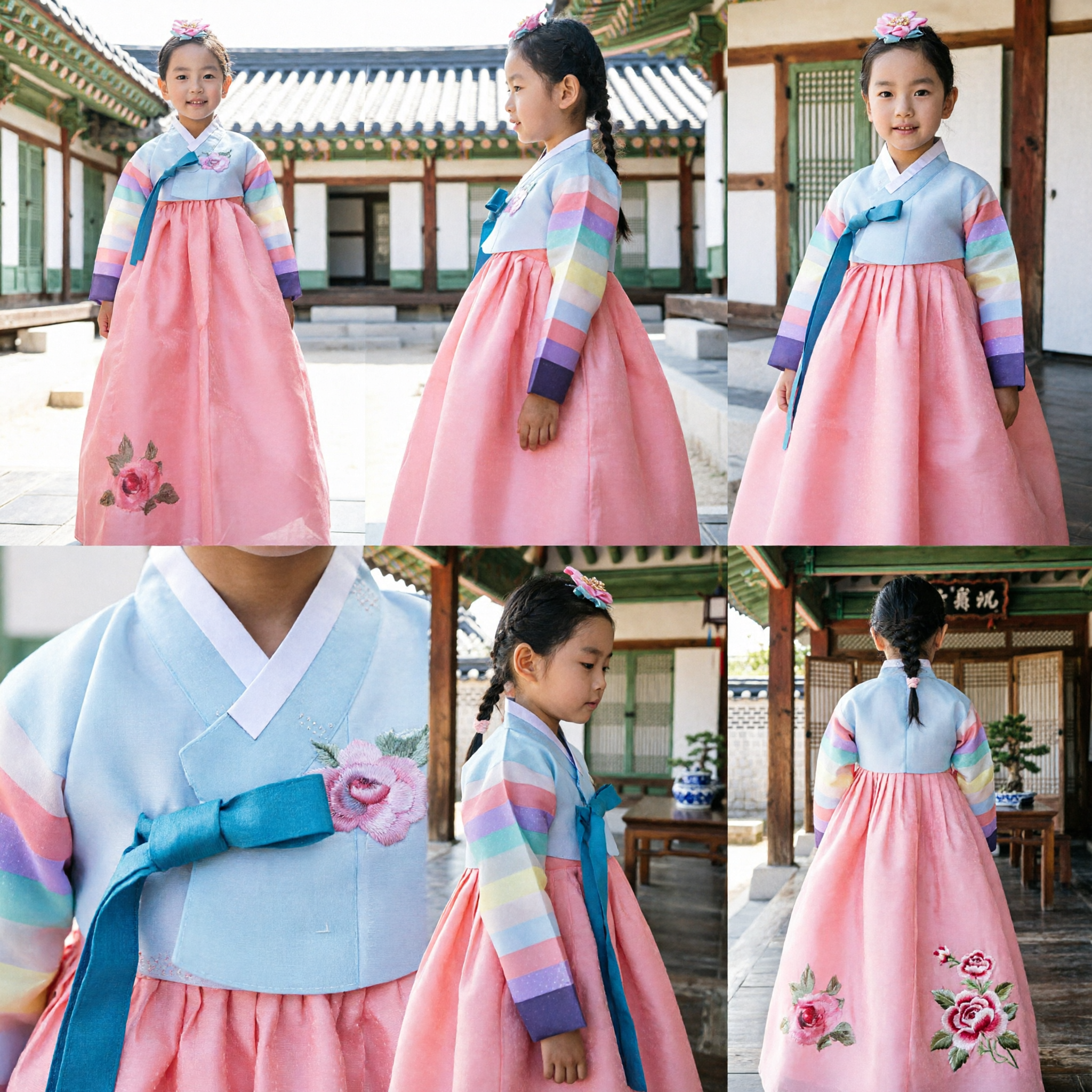 Elegante Abito Tradizionale Coreano Hanbok per Bambina Gonna Rosa Maniche Arcobaleno per Matrimonio Festa Dol - Asian Costume