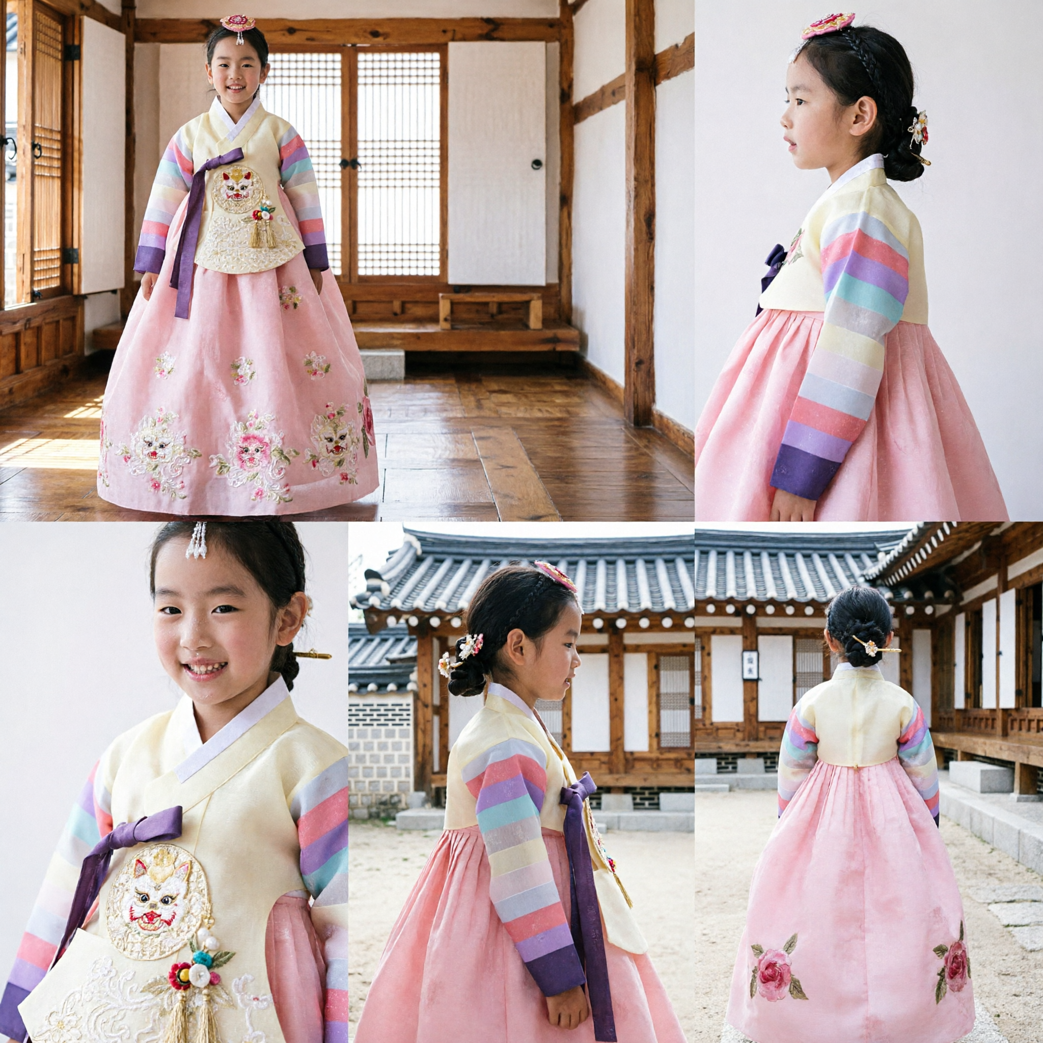 Girls Traditional Korean Hanbok Costume Rainbow Striped Top Pink Skirt Embroidery Dress for Wedding Holiday - Asian Costume