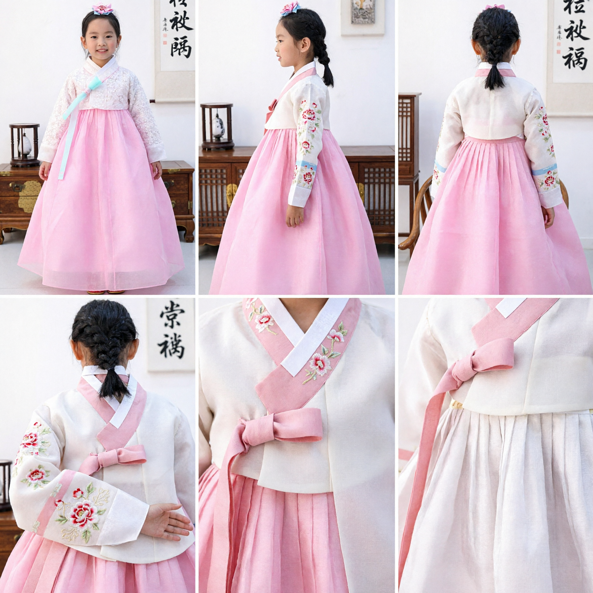 Vestido Hanbok Tradicional Coreano para Meninas Chima Rosa e Jeogori Branco para Casamento e Festas de Aniversário - Asian Costume