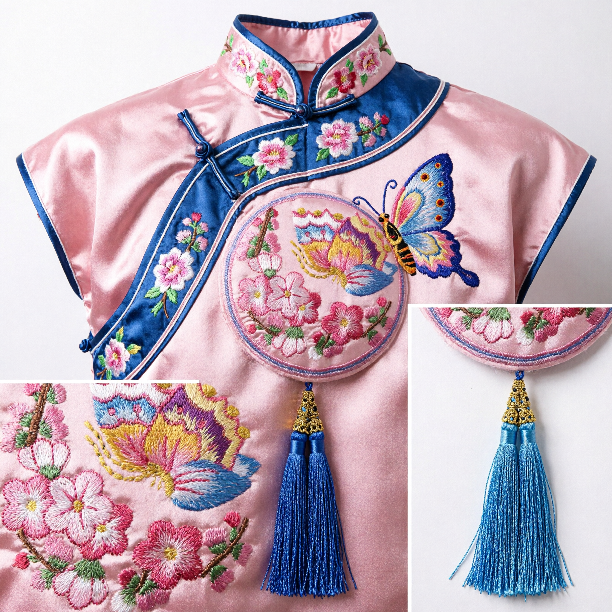 中国伝統 漢服ヘアアクセサリー ピンク刺繍蝶花丸ペンダントタッセル付き 女性用 - Asian Costume