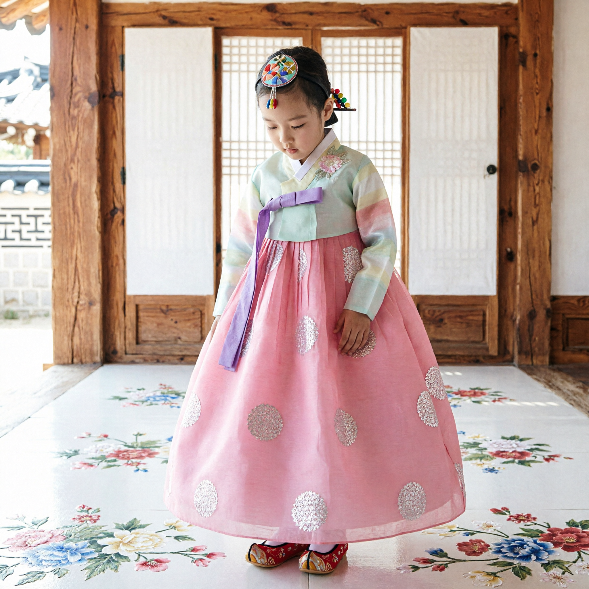 Mädchen traditionelles koreanisches Hanbok-Kleid, pastellfarbenes Regenbogen-Oberteil, rosa Rock, Kinderkulturfestkostüm - Asian Costume