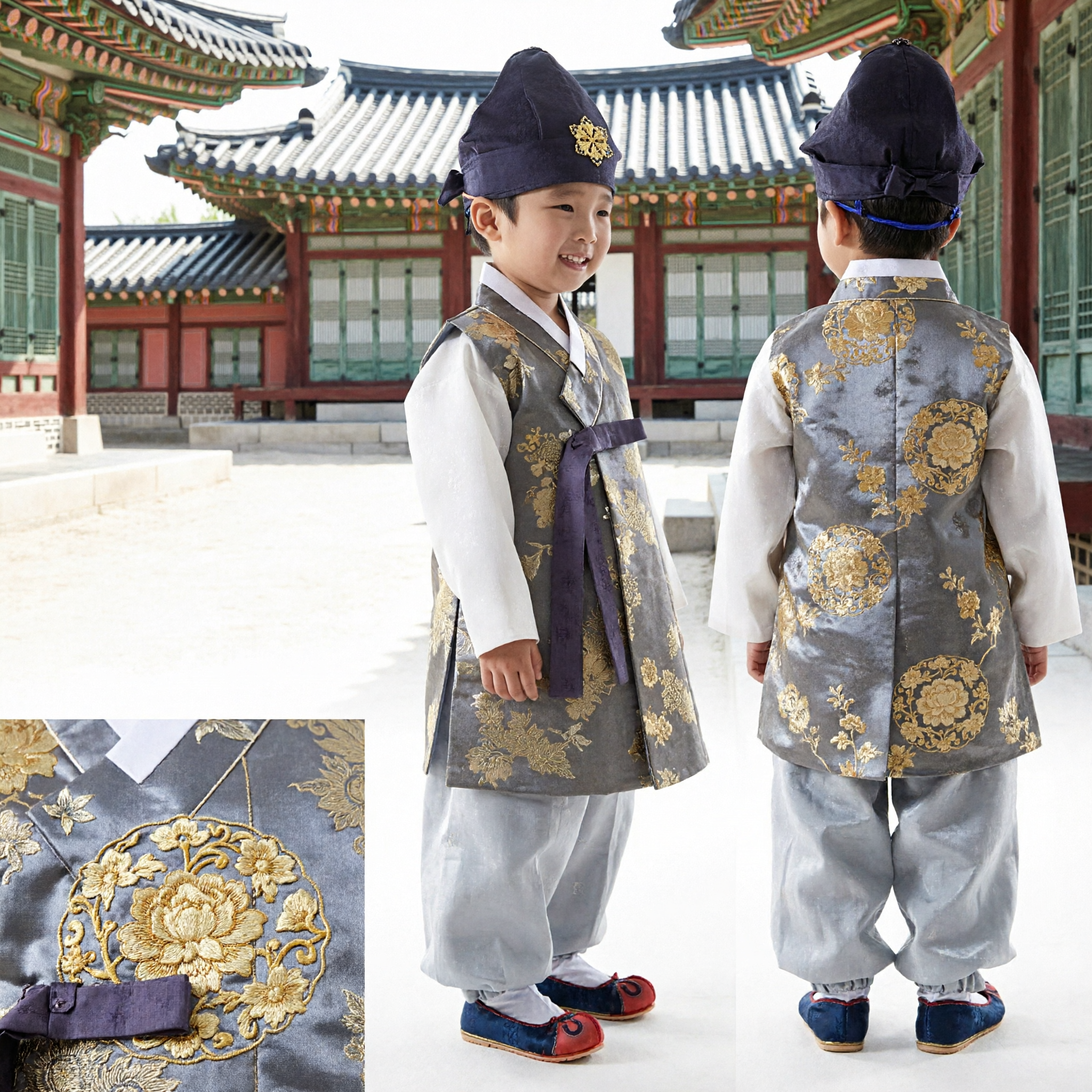 Hanbok Tradicional Coreano para Meninos, Traje Cerimonial Formal em Brocado Cinza e Dourado, Fantasia Infantil para Doljanchi - Asian Costume