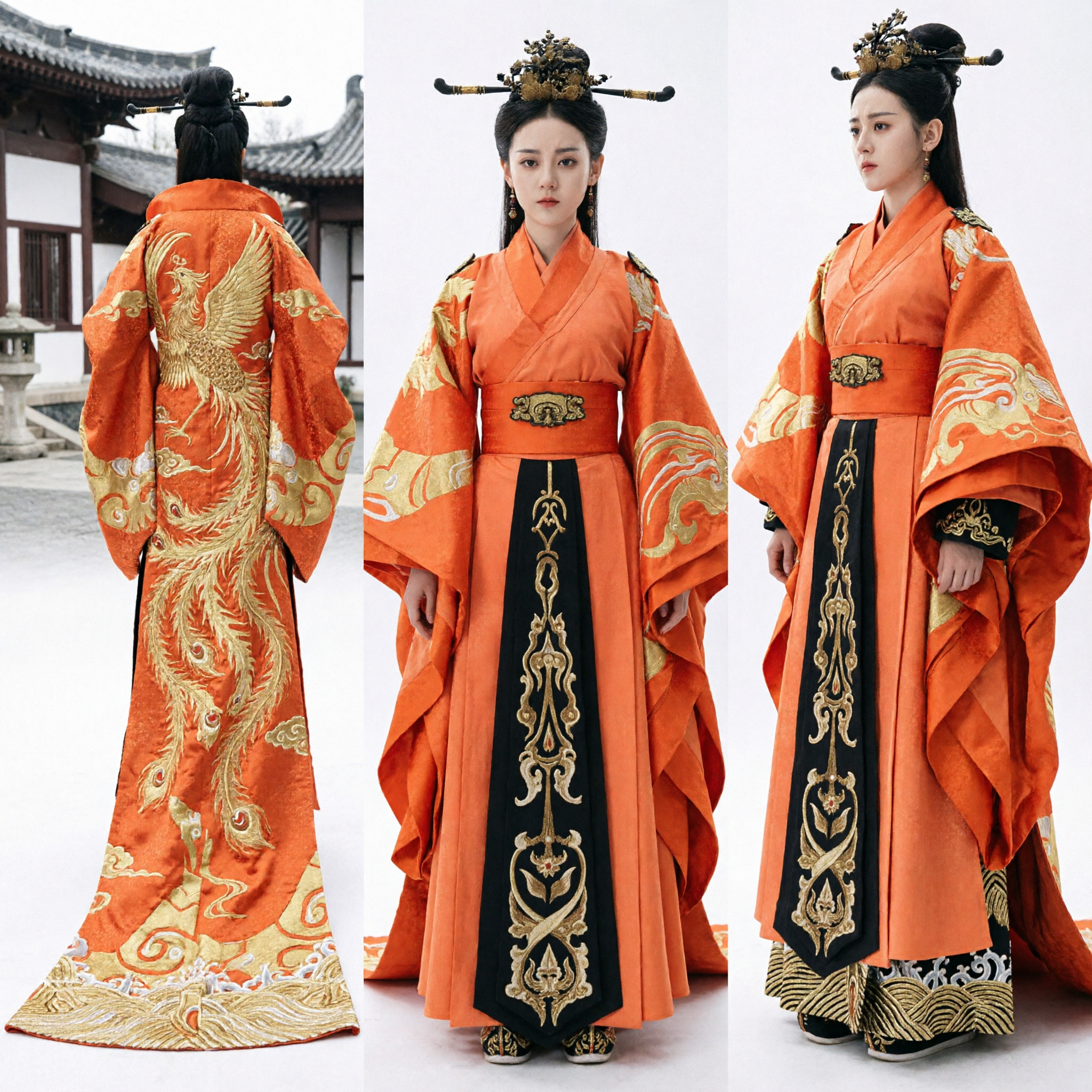 전통 중국 주황색 한푸 의상 고대 공주 자수 로브 역사 드라마 코스프레 드레스 (여성용) - Asian Costume