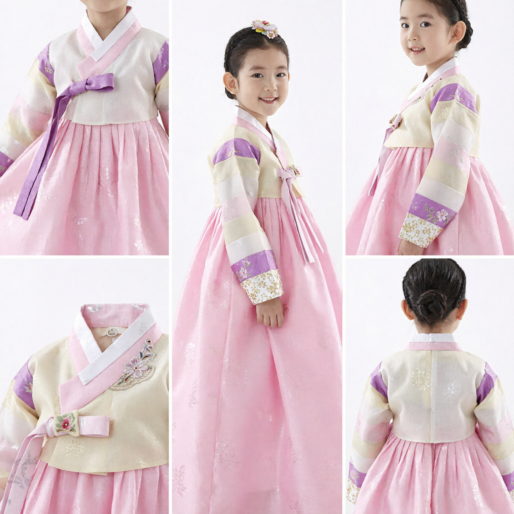 女児用韓国伝統 ハンボクドレス ピンクチマとクリームチョゴリセット 子供フォーマルパーティー衣装 - Asian Costume