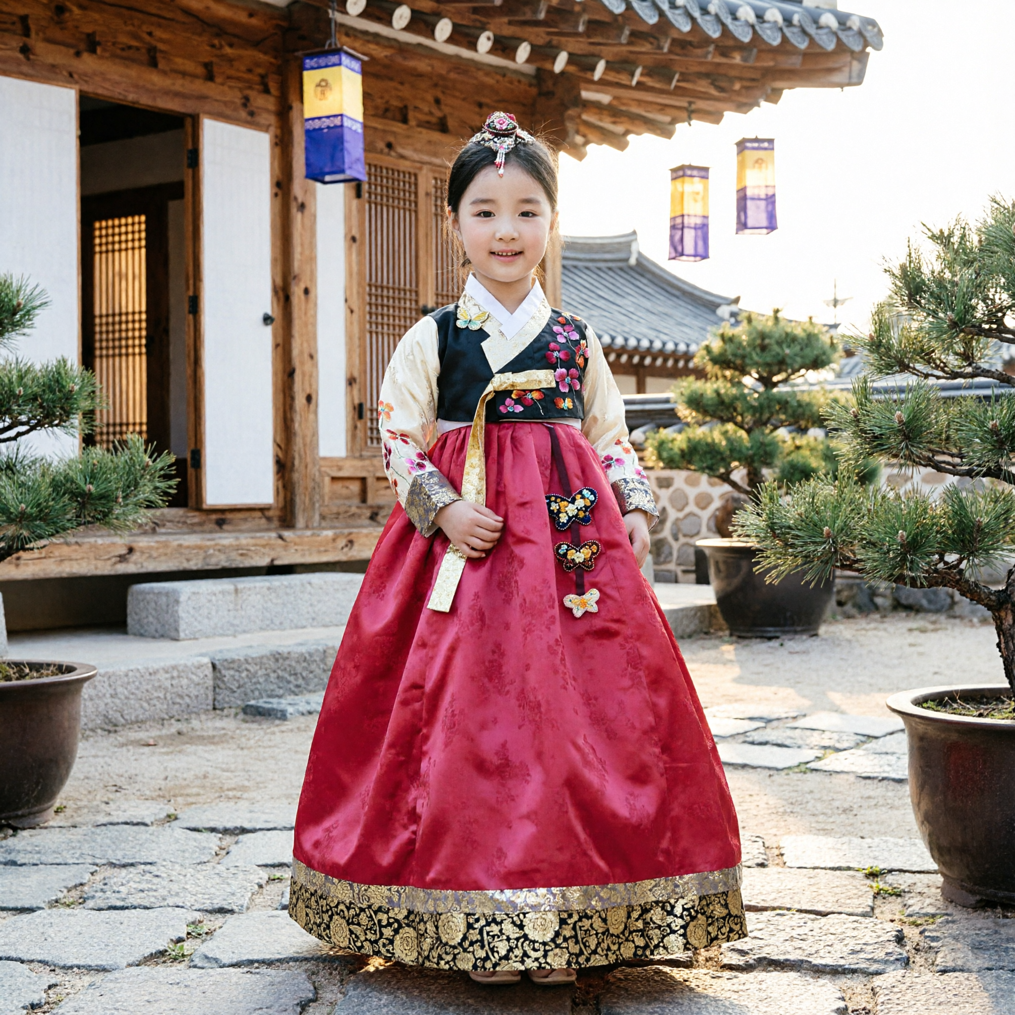 Mädchen koreanisches traditionelles Hanbok-Kleid, Kinderpalastkostüm besticktes Oberteil, roter Rock für Festparty - Asian Costume