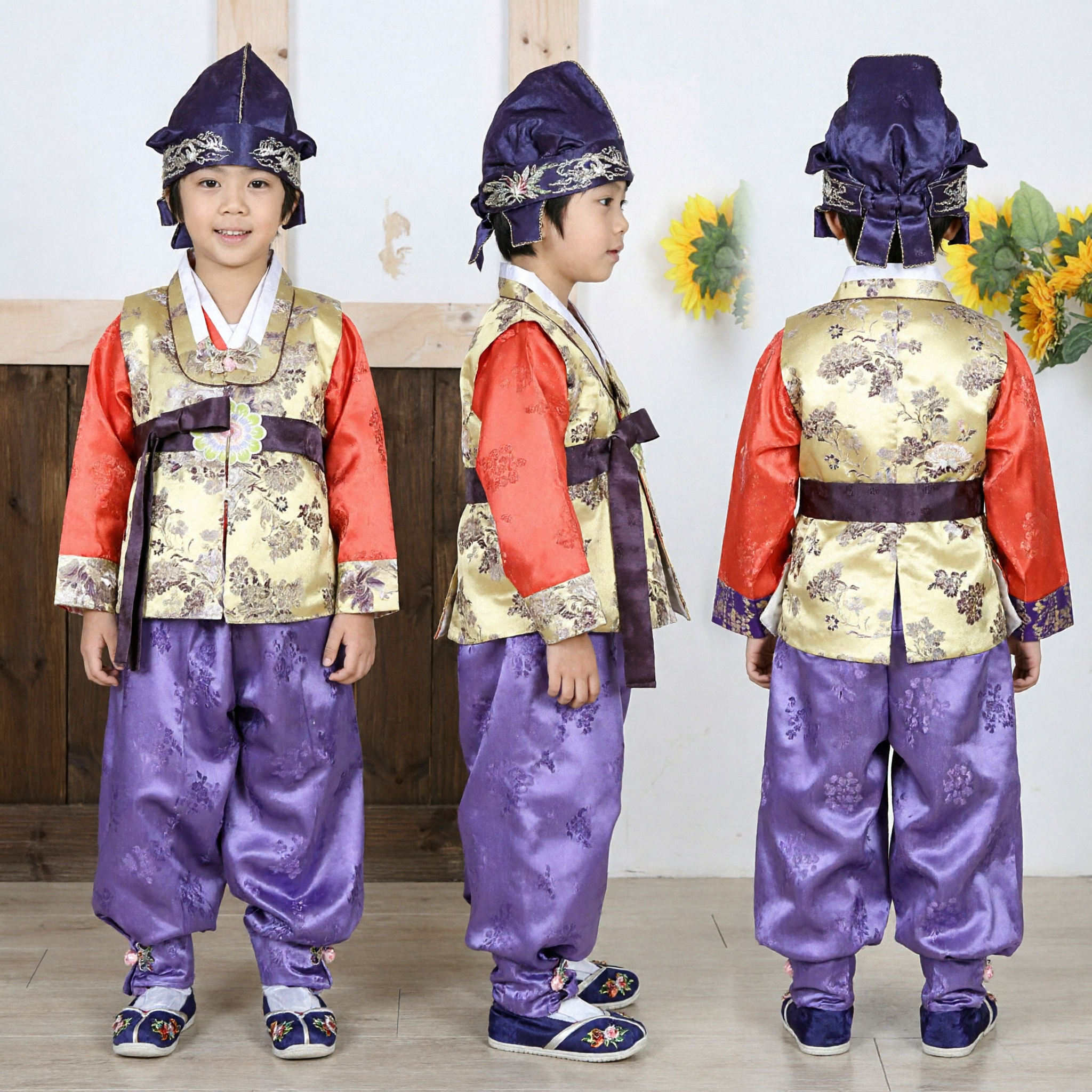 Hanbok Coreano Tradicional para Niños Chaleco Dorado Baji Púrpura Traje para el Primer Cumpleaños Dol - Asian Costume