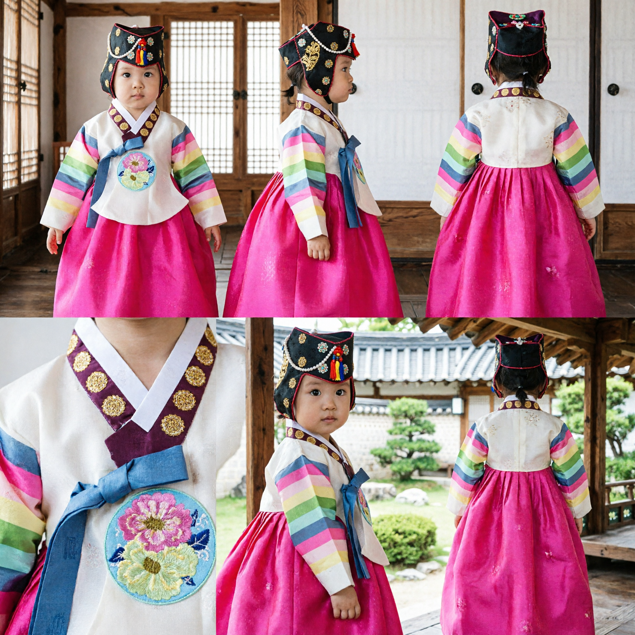 Hanbok Coreano Tradicional para Bebé Niña Jeogori a Rayas Arcoíris Traje Chima Rosa para Festivales - Asian Costume