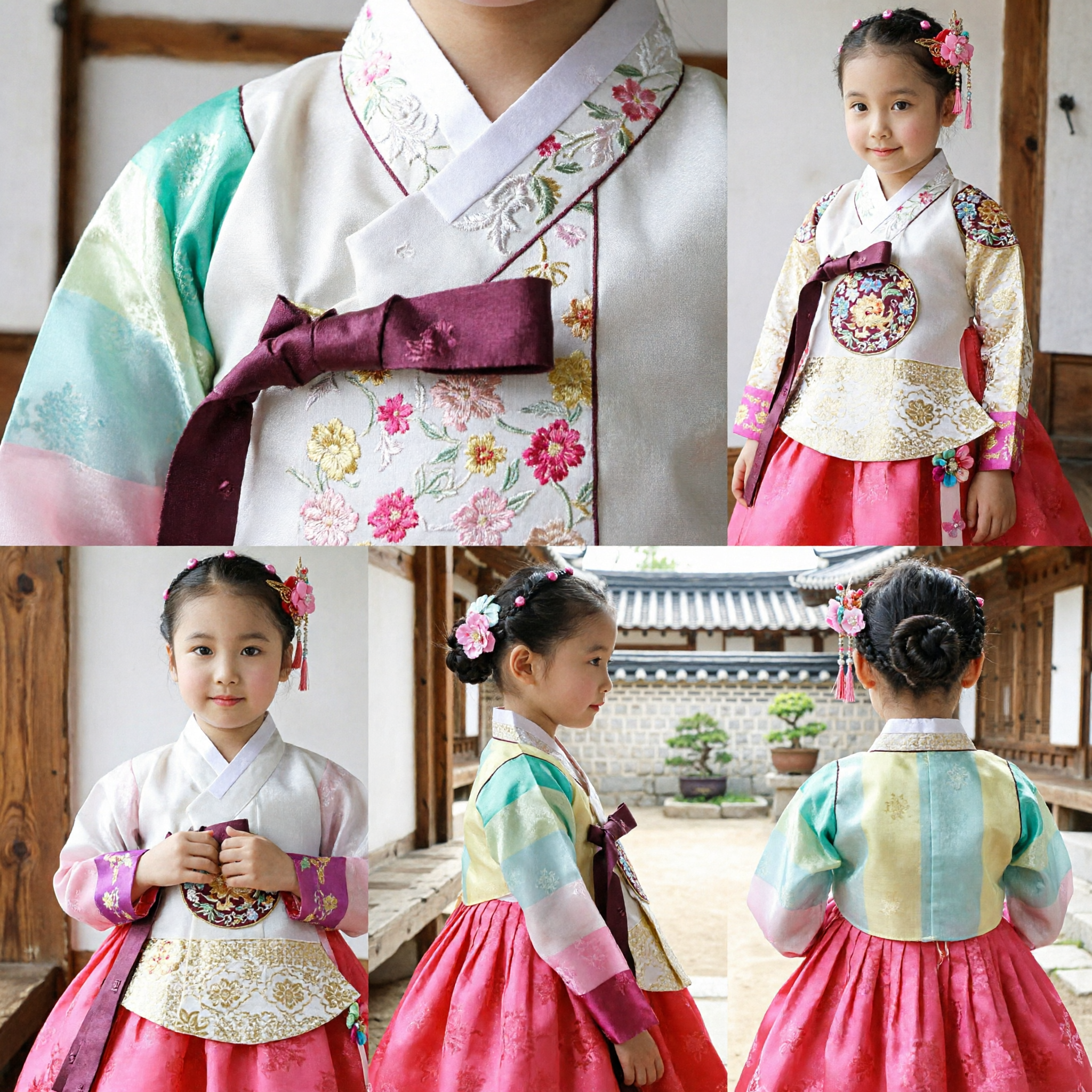 Hanbok Tradicional Coreano para Meninas Jeogori Arco-Íris e Vestido Chima Rosa para Casamentos e Aniversários - Asian Costume