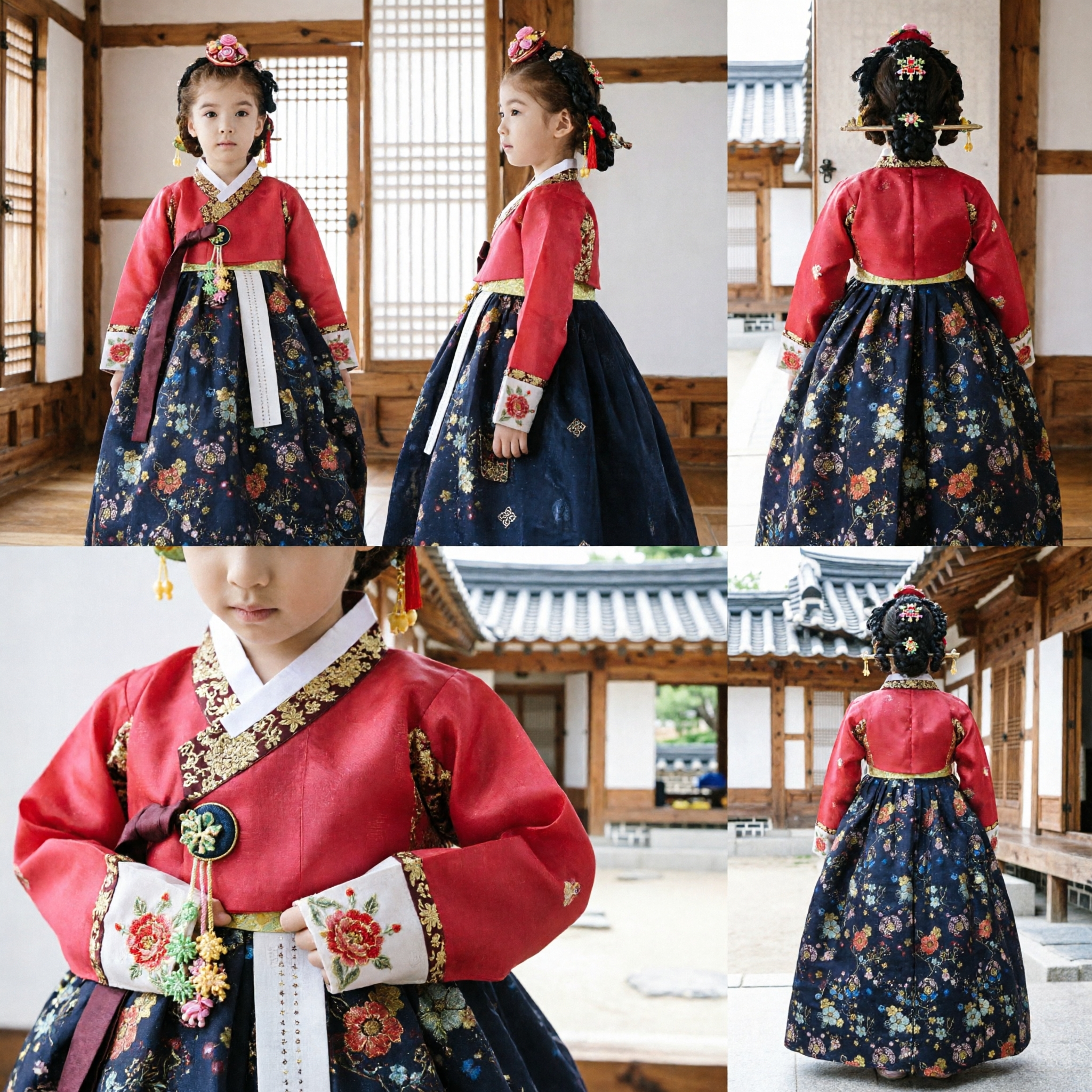 Mädchen Traditioneller koreanischer Hanbok Kleid Rosa Oberteil Marine Blumen Rock Kinder Festival Party Kostüm - Asian Costume