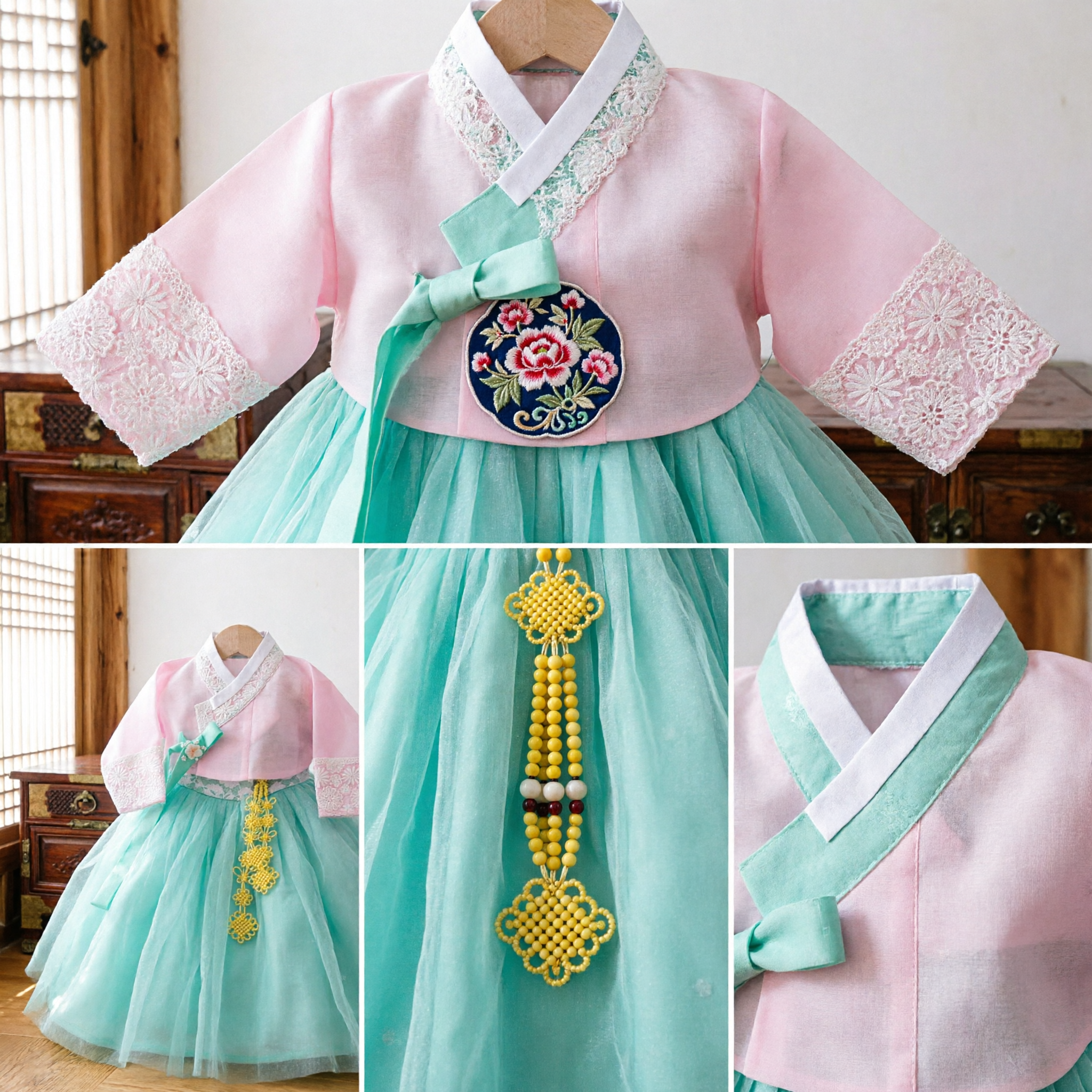 Robe Hanbok traditionnelle coréenne pour filles enfants - Haut rose et jupe en tulle vert menthe pour fête de premier anniversaire - Asian Costume
