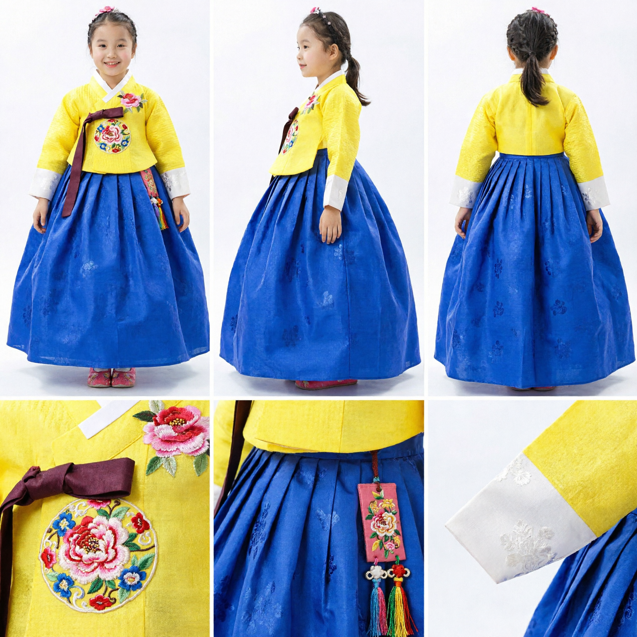 Kinderen Koreaanse Hanbok Traditionele Jurk Meisjes Gele Top Blauwe Rok Kostuum voor Verjaardagsfeest Vieringen - Asian Costume