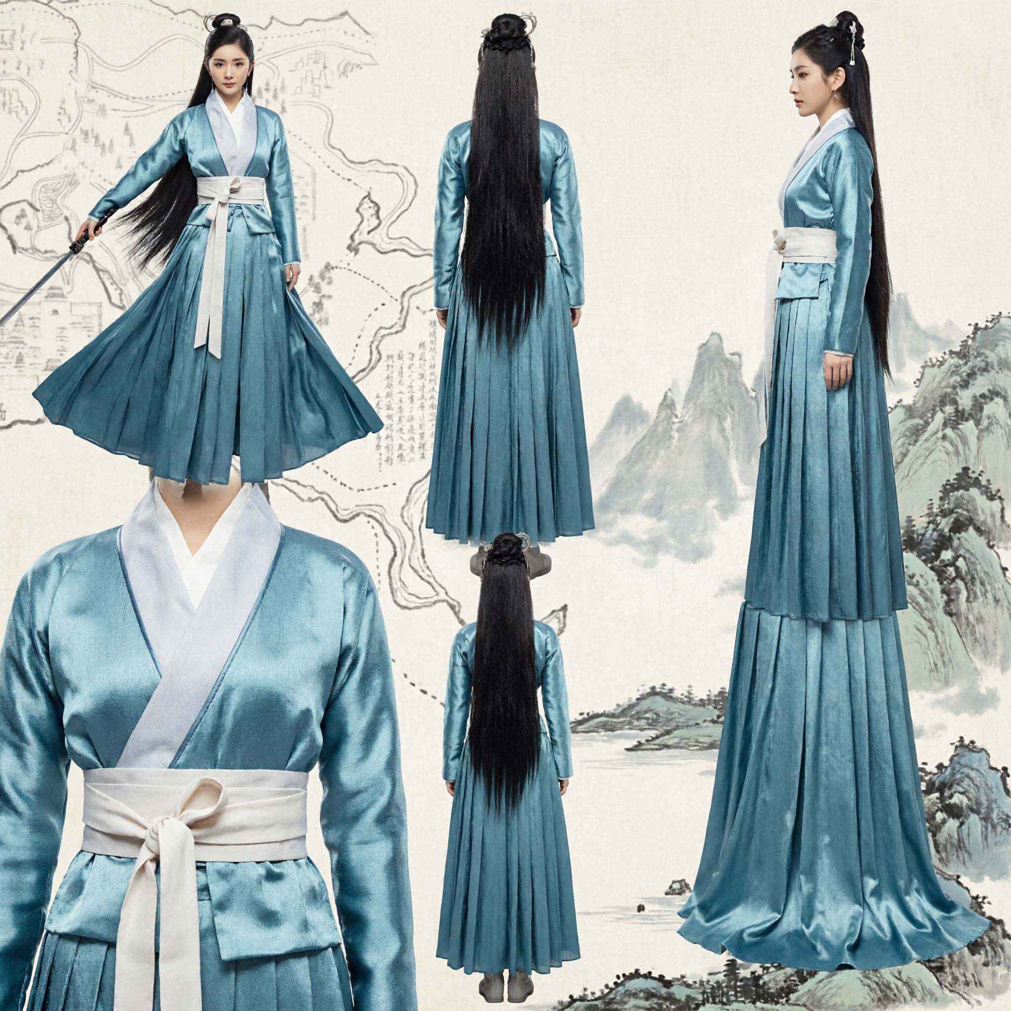 Costume Hanfu cinese tradizionale da spadaccina blu, abbigliamento antico Wuxia per arti marziali femminili - Asian Costume