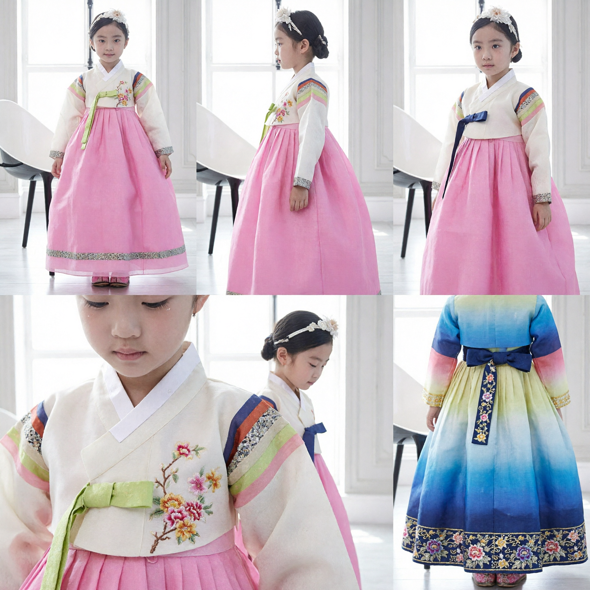 Costume traditionnel coréen Hanbok pour filles - Jupe rose, haut crème, broderie florale - Tenue d'anniversaire - Asian Costume