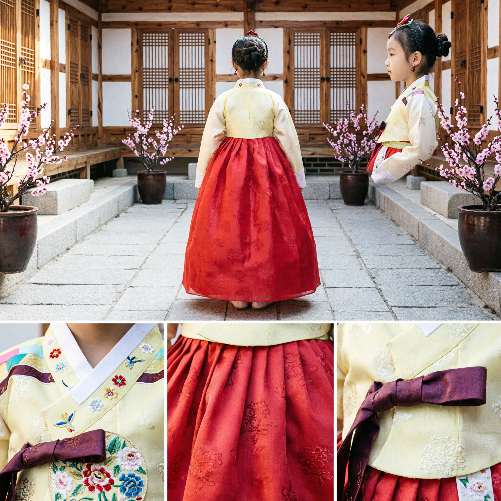 Hanbok Tradicional Coreano para Meninas Crianças Conjunto de Traje Chima Vermelha e Jeogori Amarelo para Festas - Asian Costume