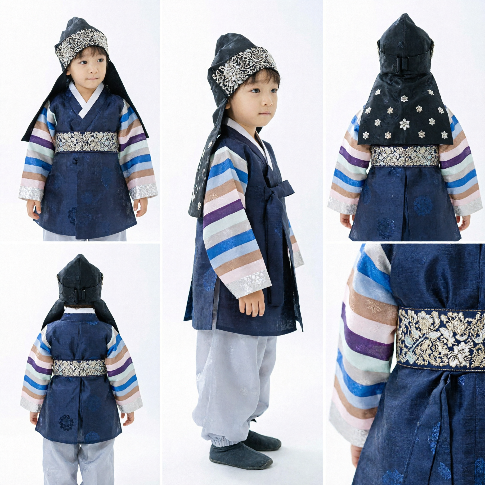 Traje Hanbok Tradicional Coreano para Meninos Jeogori Azul Marinho com Mangas Listradas e Chapéu para Casamento e Festa - Asian Costume