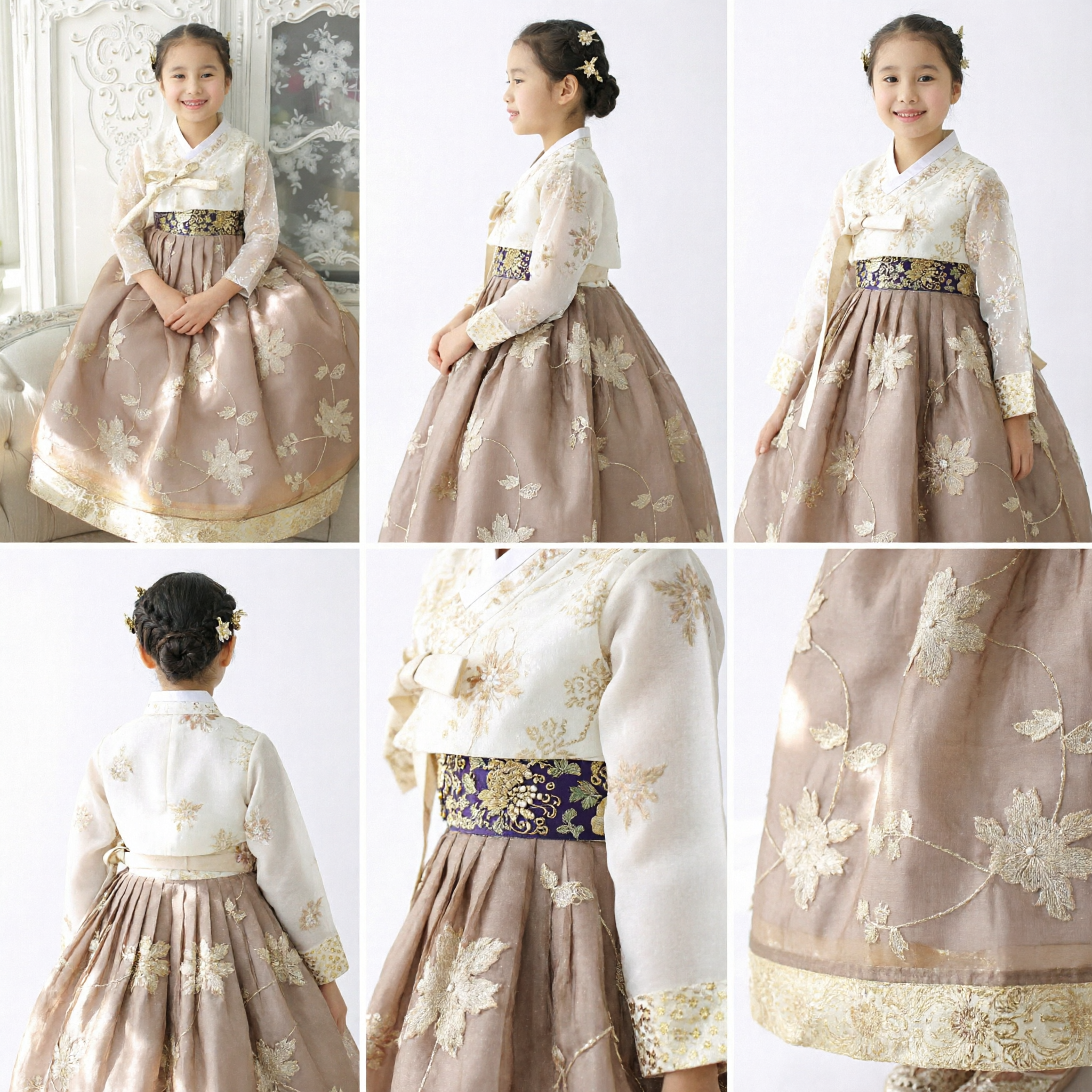 Hanbok Tradizionale Coreano Elegante per Ragazze Bambine, Abito Rosa e Bianco con Ricami Oro per Festival - Asian Costume