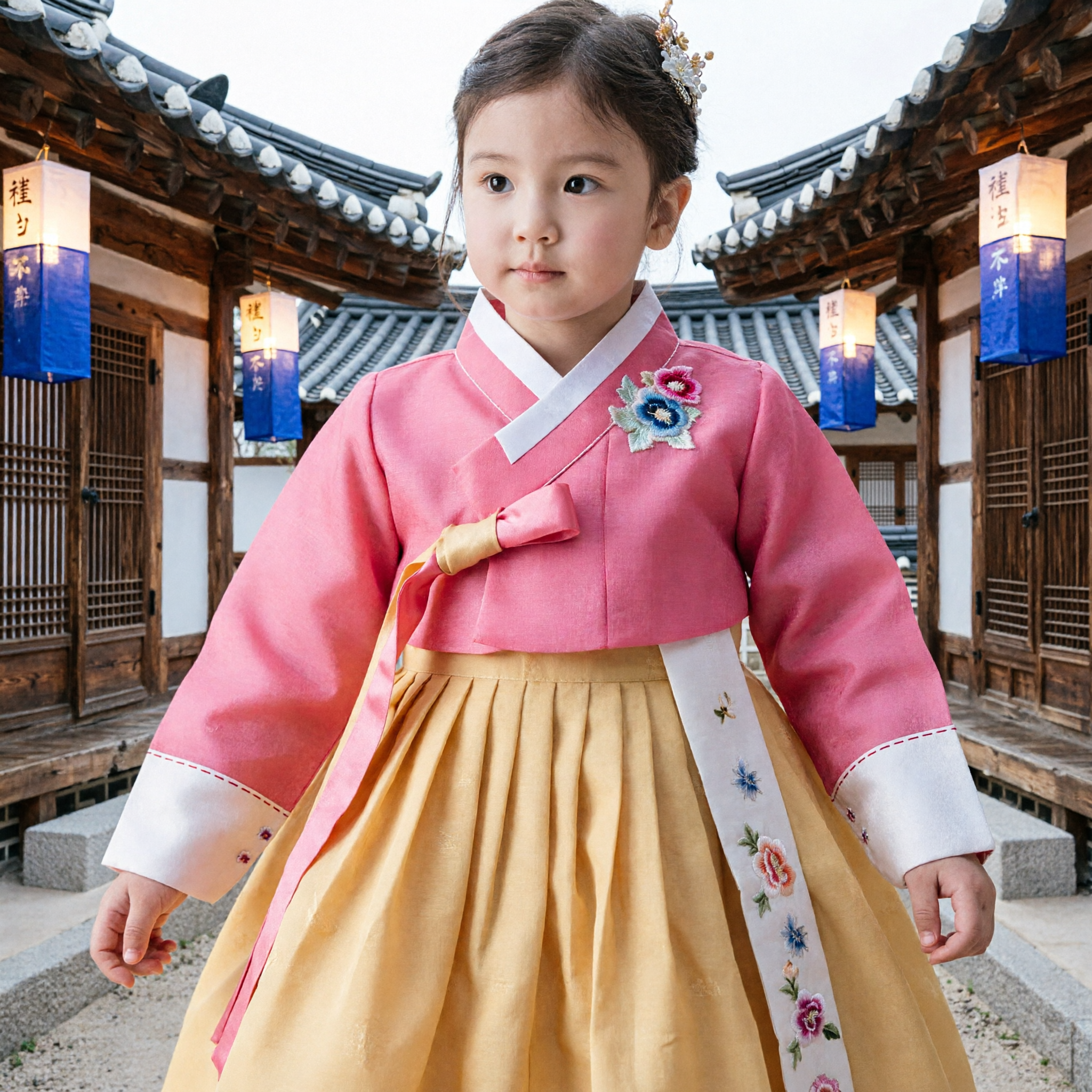 Hanbok Tradicional Coreano para Meninas Vestido Jeogori Rosa e Chima Amarela para Casamento Festival Aniversário - Asian Costume