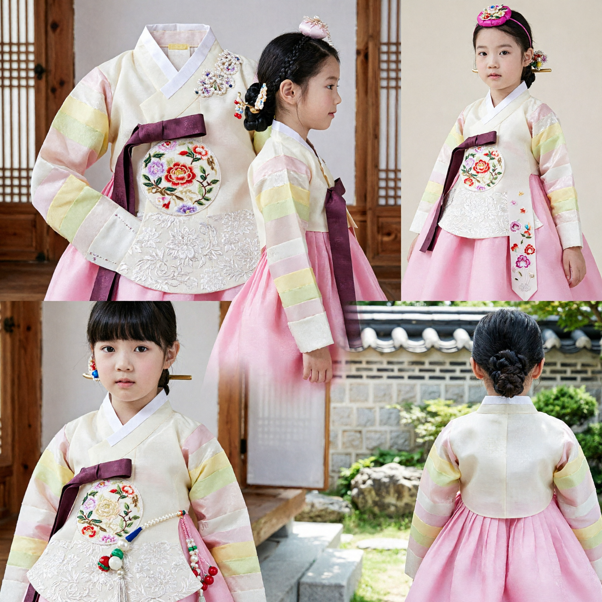 Hanbok Tradizionale Coreano per Ragazze, Abito Formale Chima Rosa e Jeogori Arcobaleno per Bambine per Feste e Matrimoni - Asian Costume