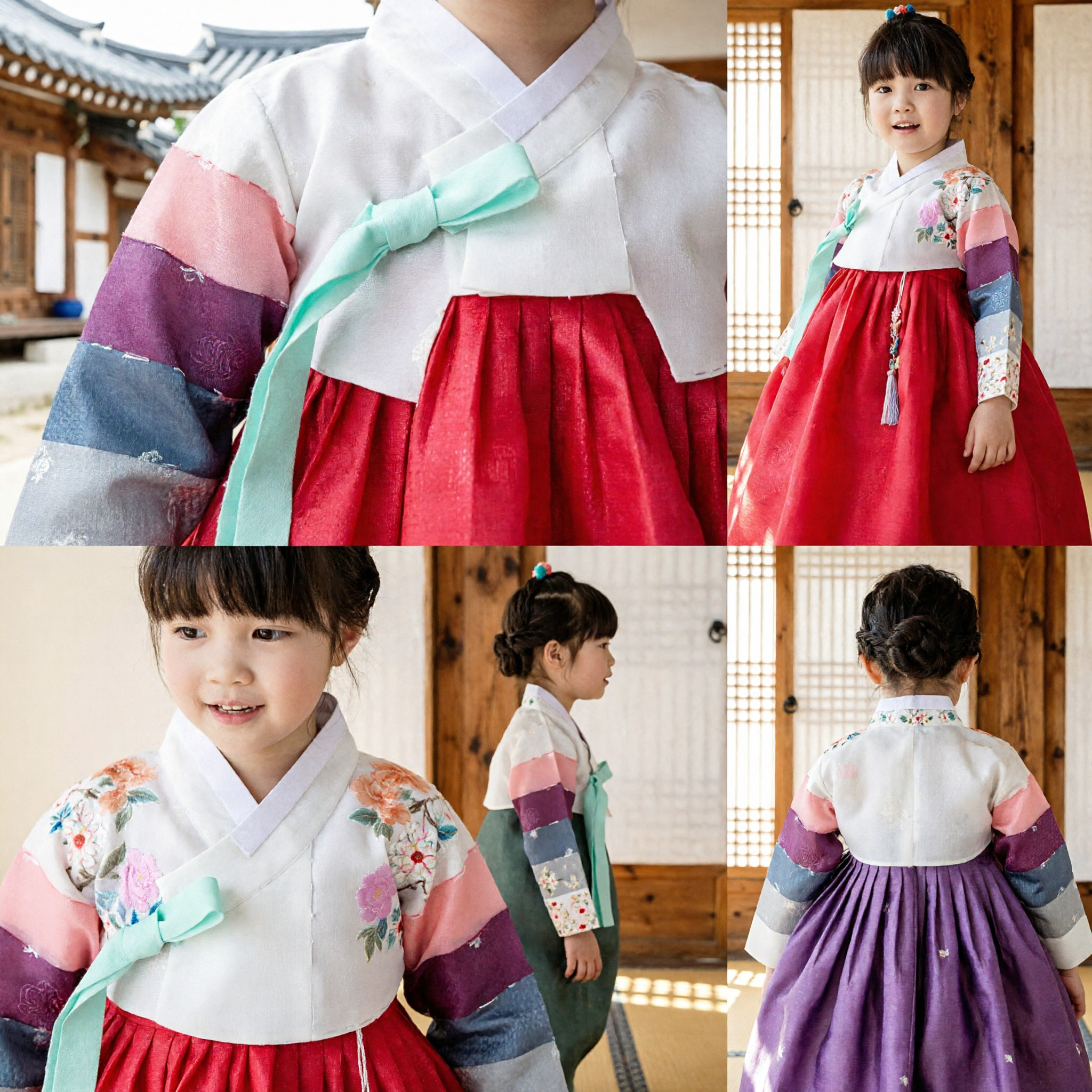 Vestido Hanbok Tradicional Coreano para Meninas Crianças Saia Chima Vermelha e Blusa Jeogori Floral para Festa de Casamento - Asian Costume