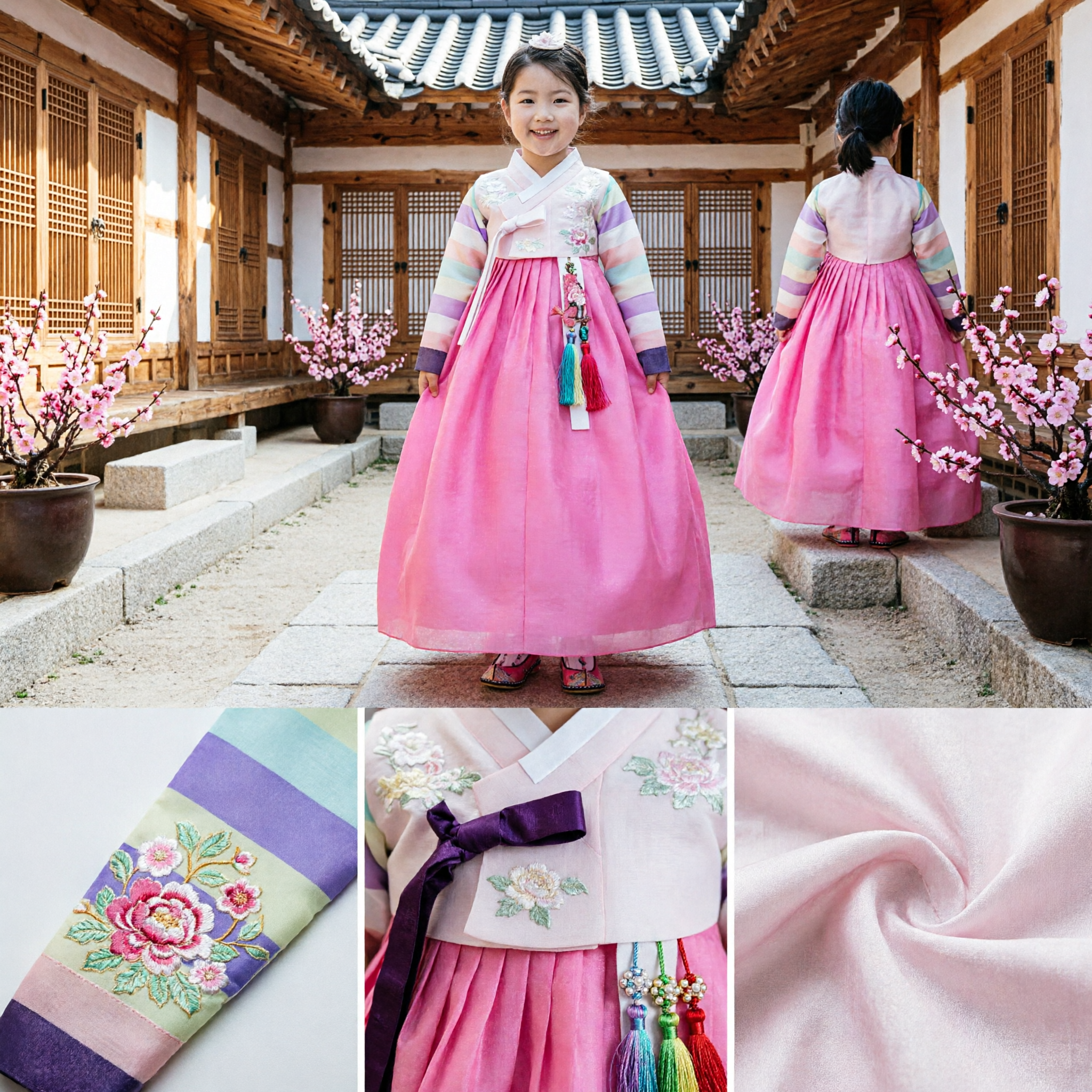 Abito Hanbok Tradizionale Coreano per Ragazze, Set Jeogori a Righe Pastello e Chima Rosa per Festival Culturali - Asian Costume